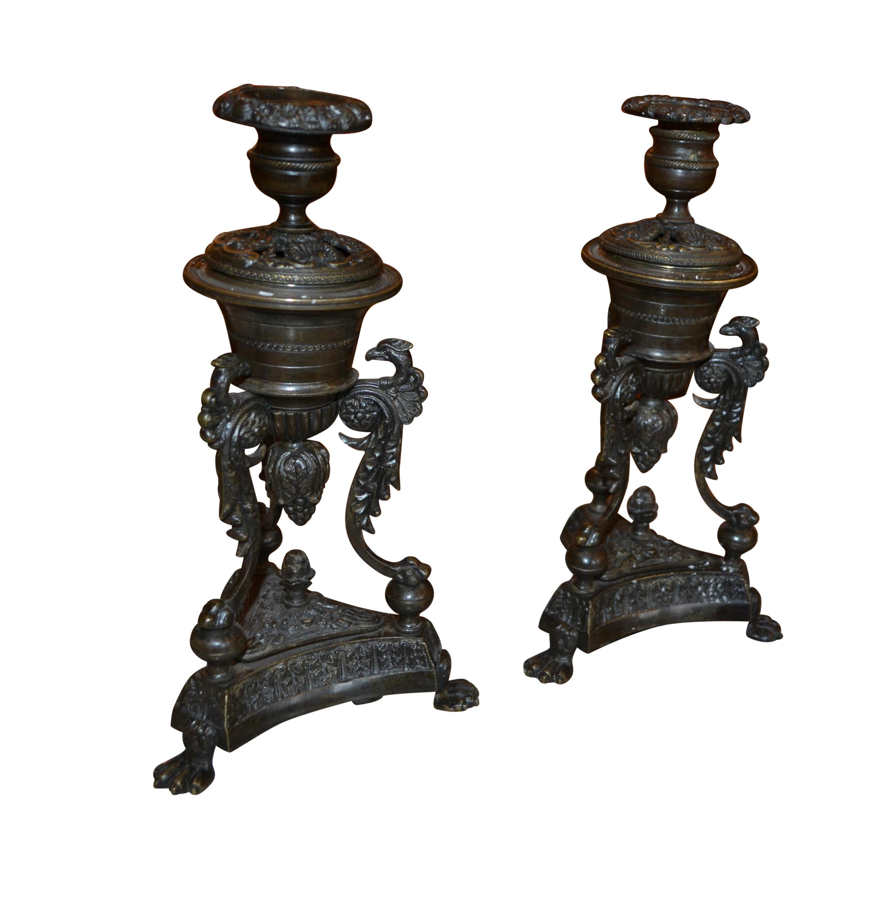 Regency Revival Pair of late English Regency Bronze Insense Burners and Candlesticks For Sale