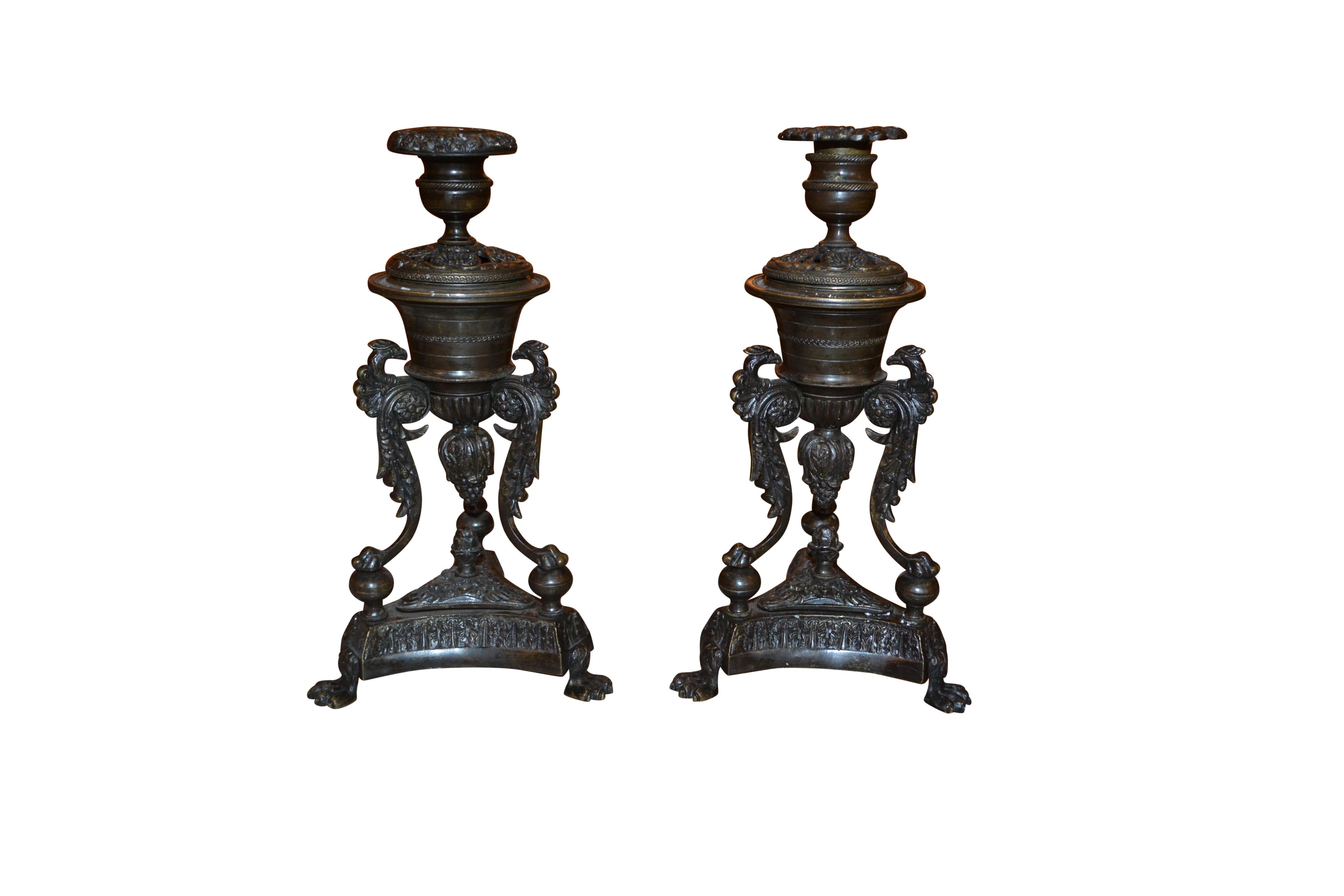 Cast Pair of late English Regency Bronze Insense Burners and Candlesticks For Sale