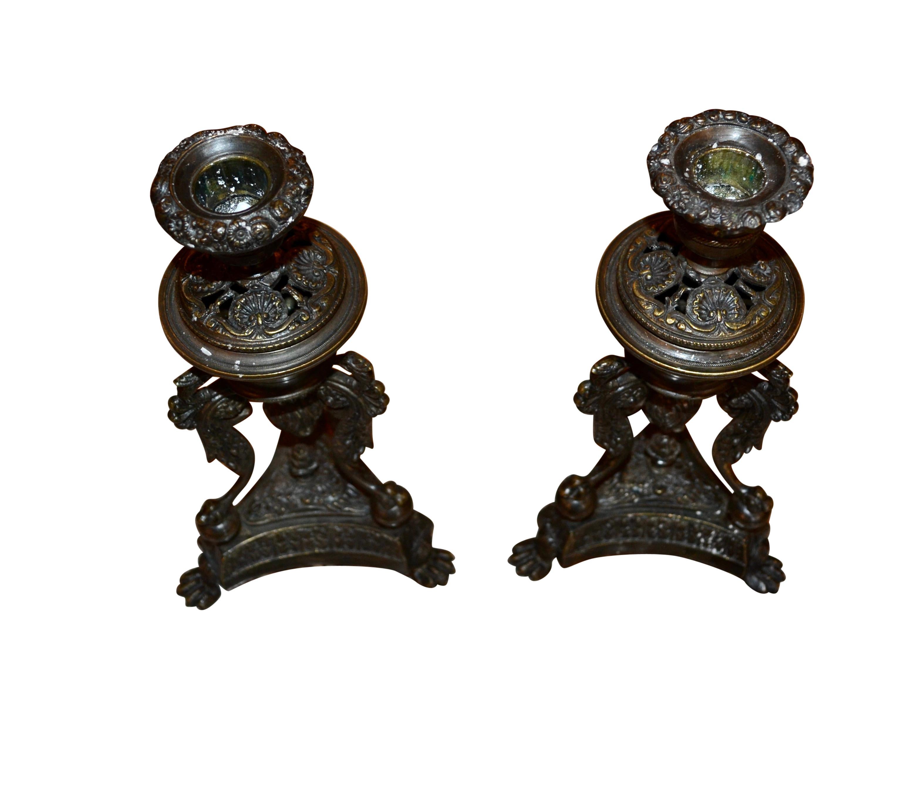 19th Century Pair of late English Regency Bronze Insense Burners and Candlesticks For Sale