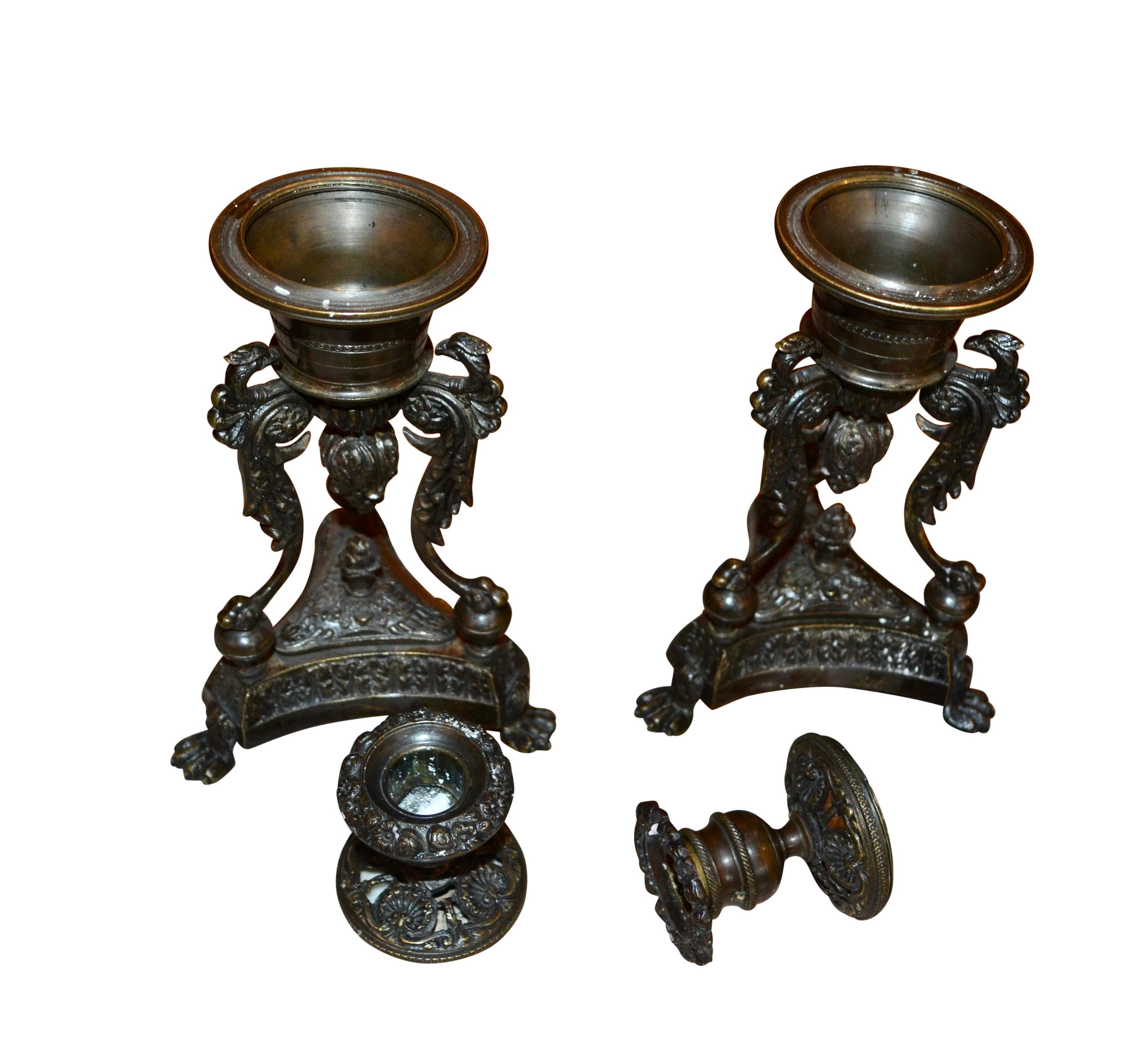 Pair of late English Regency Bronze Insense Burners and Candlesticks For Sale 1