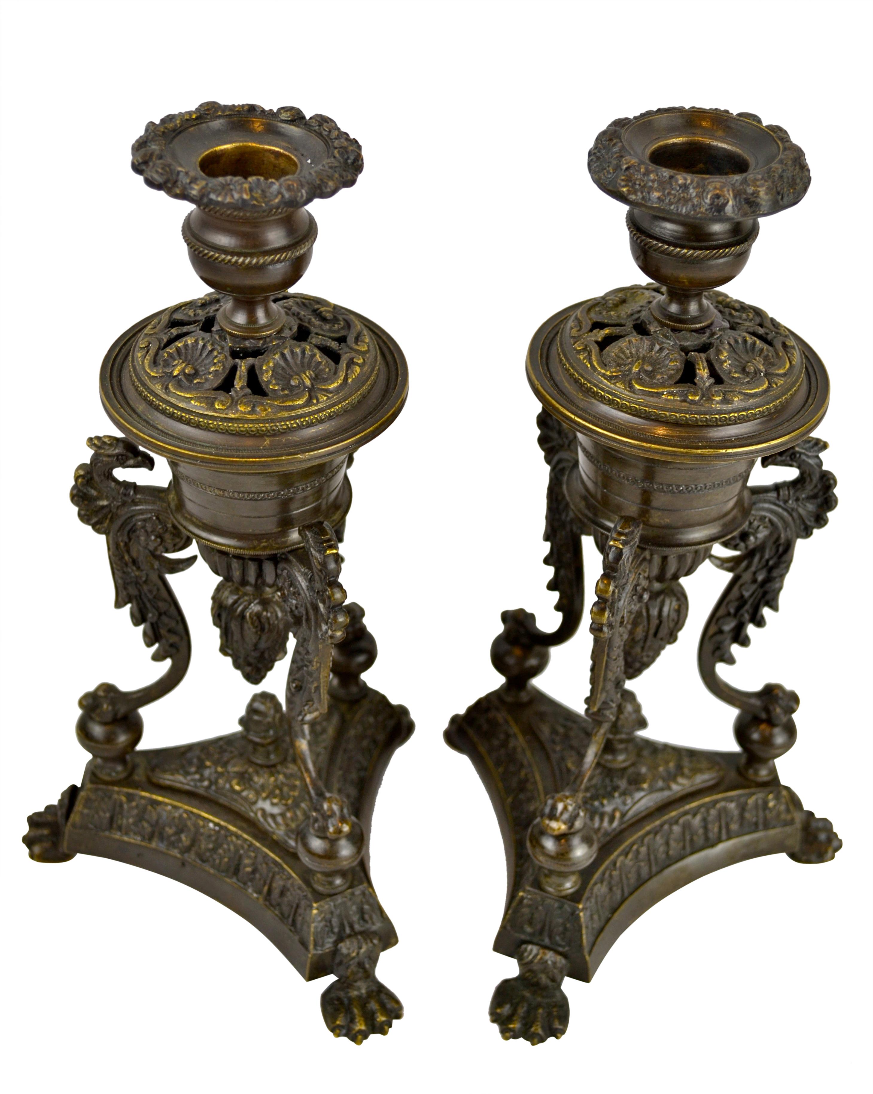 British Pair of late English Regency Bronze Insense Burners and Candlesticks For Sale