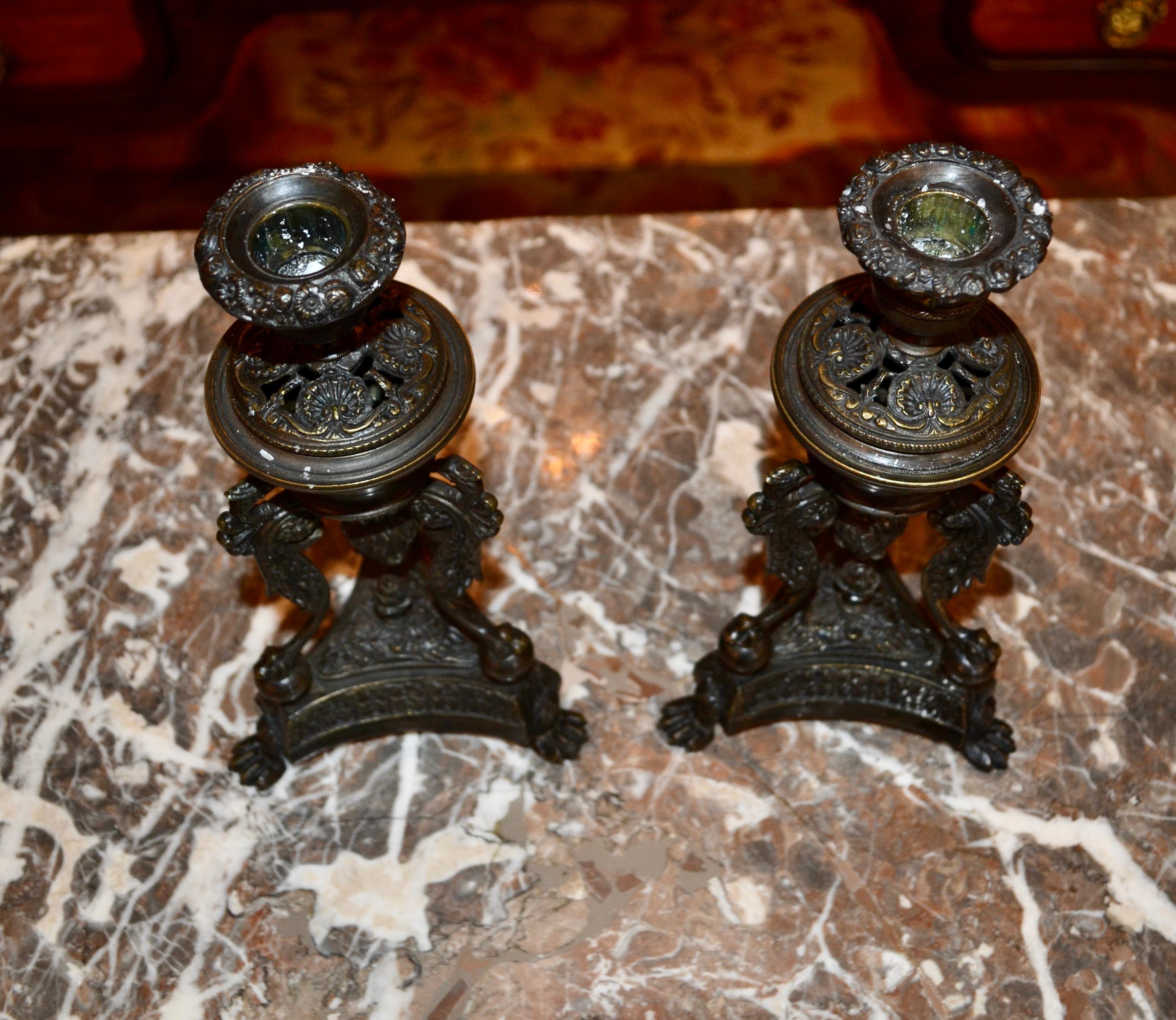 Pair of late English Regency Bronze Insense Burners and Candlesticks For Sale 2