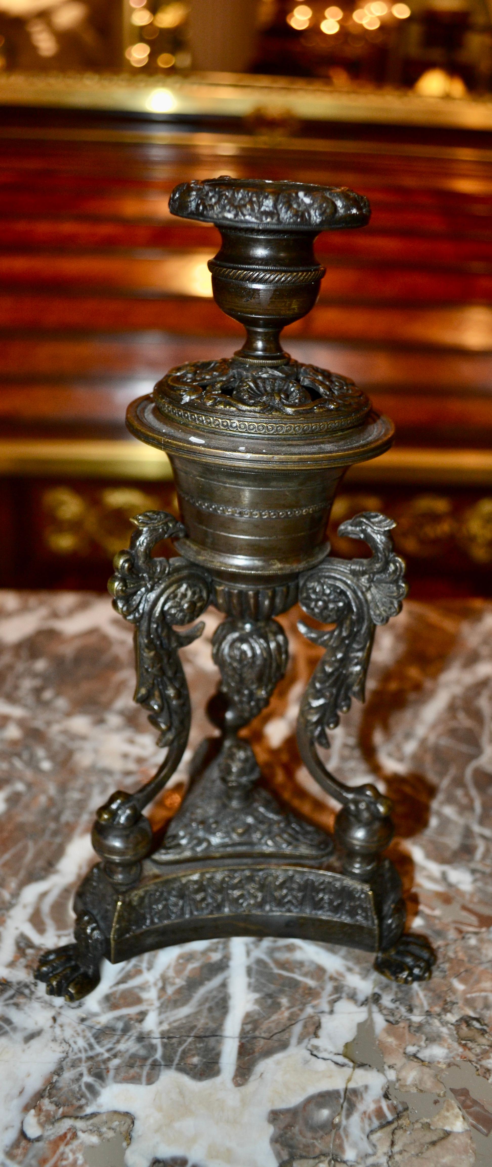 Pair of late English Regency Bronze Insense Burners and Candlesticks For Sale 3