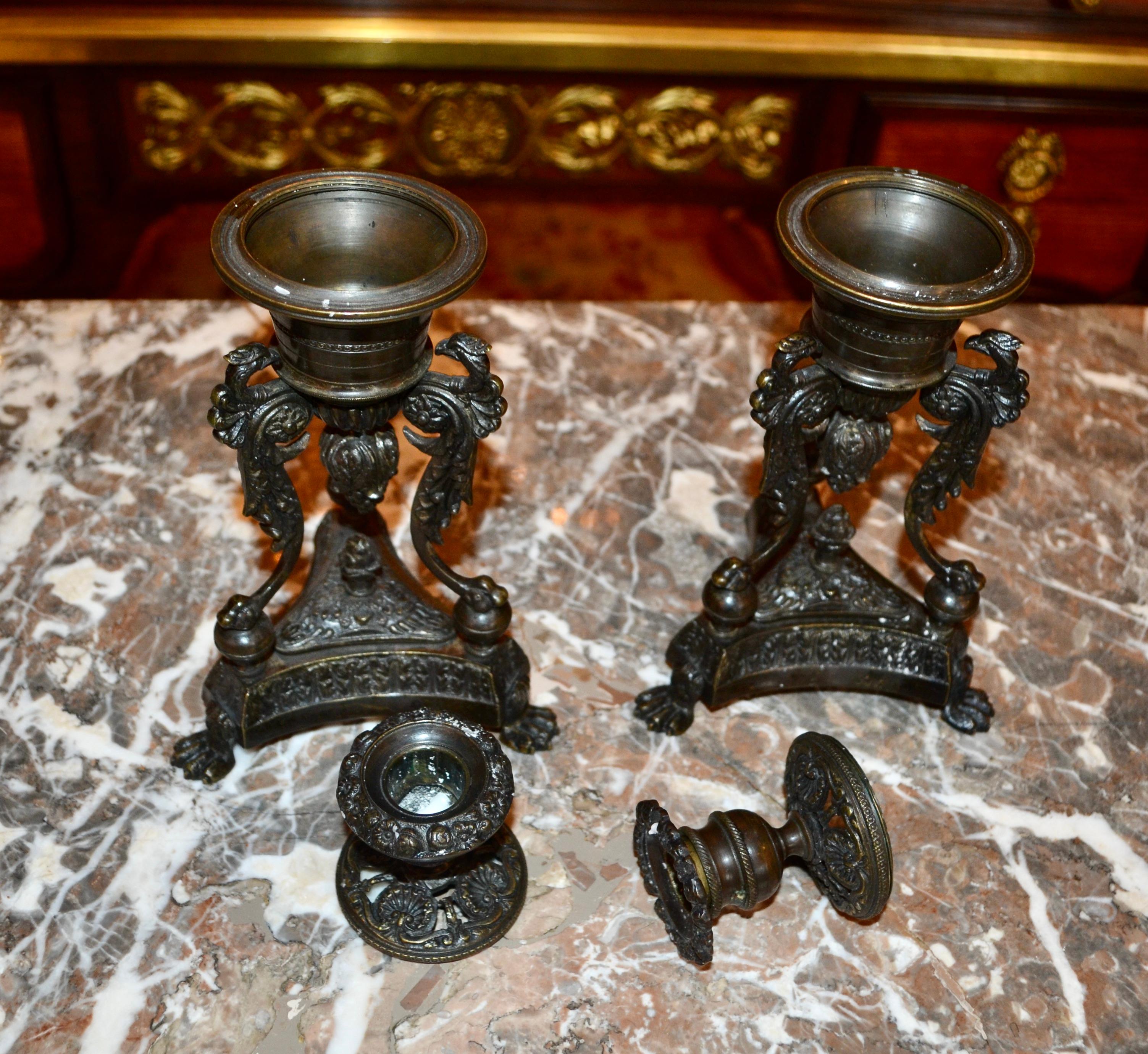 Pair of late English Regency Bronze Insense Burners and Candlesticks For Sale 4