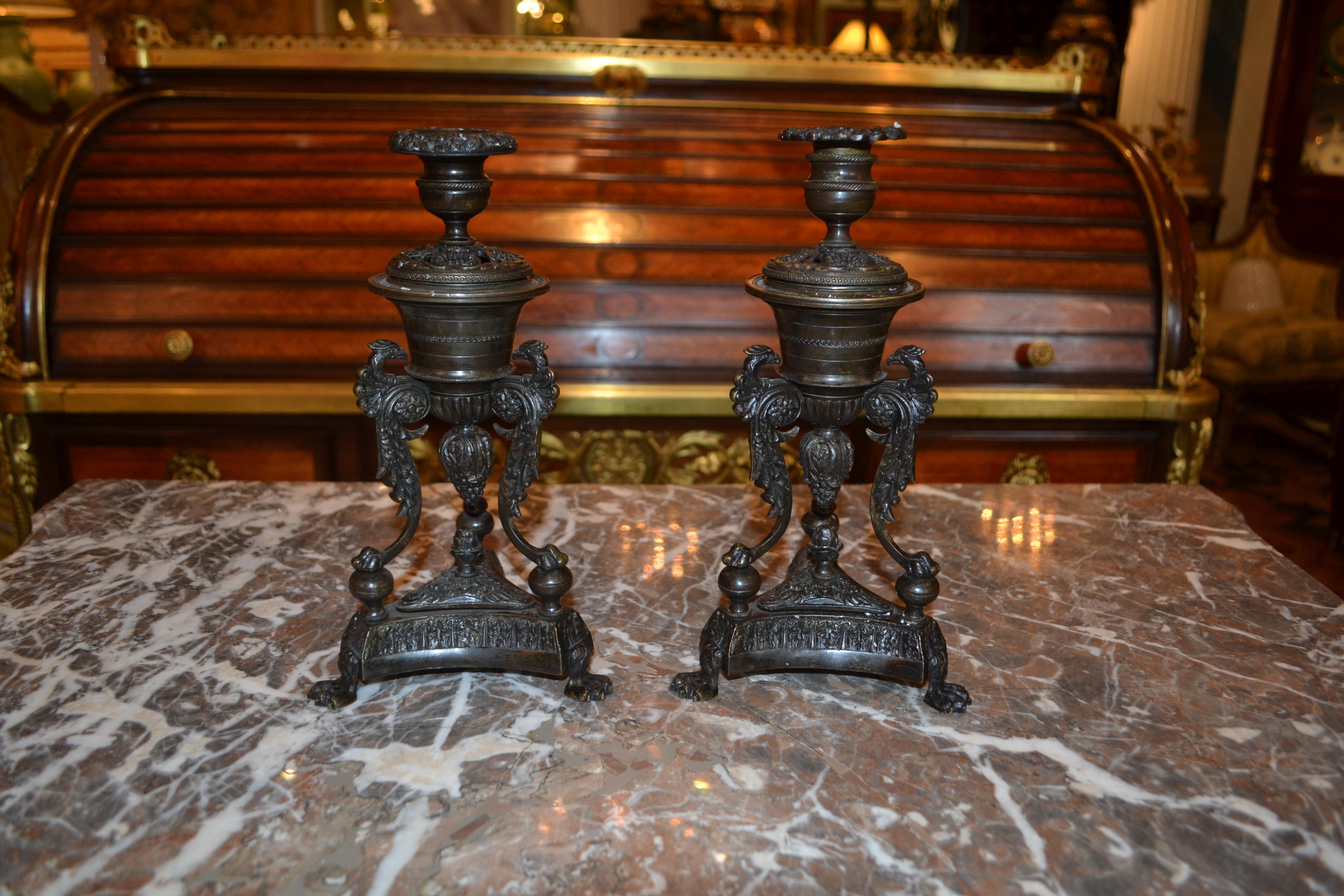 Pair of late English Regency Bronze Insense Burners and Candlesticks For Sale 5