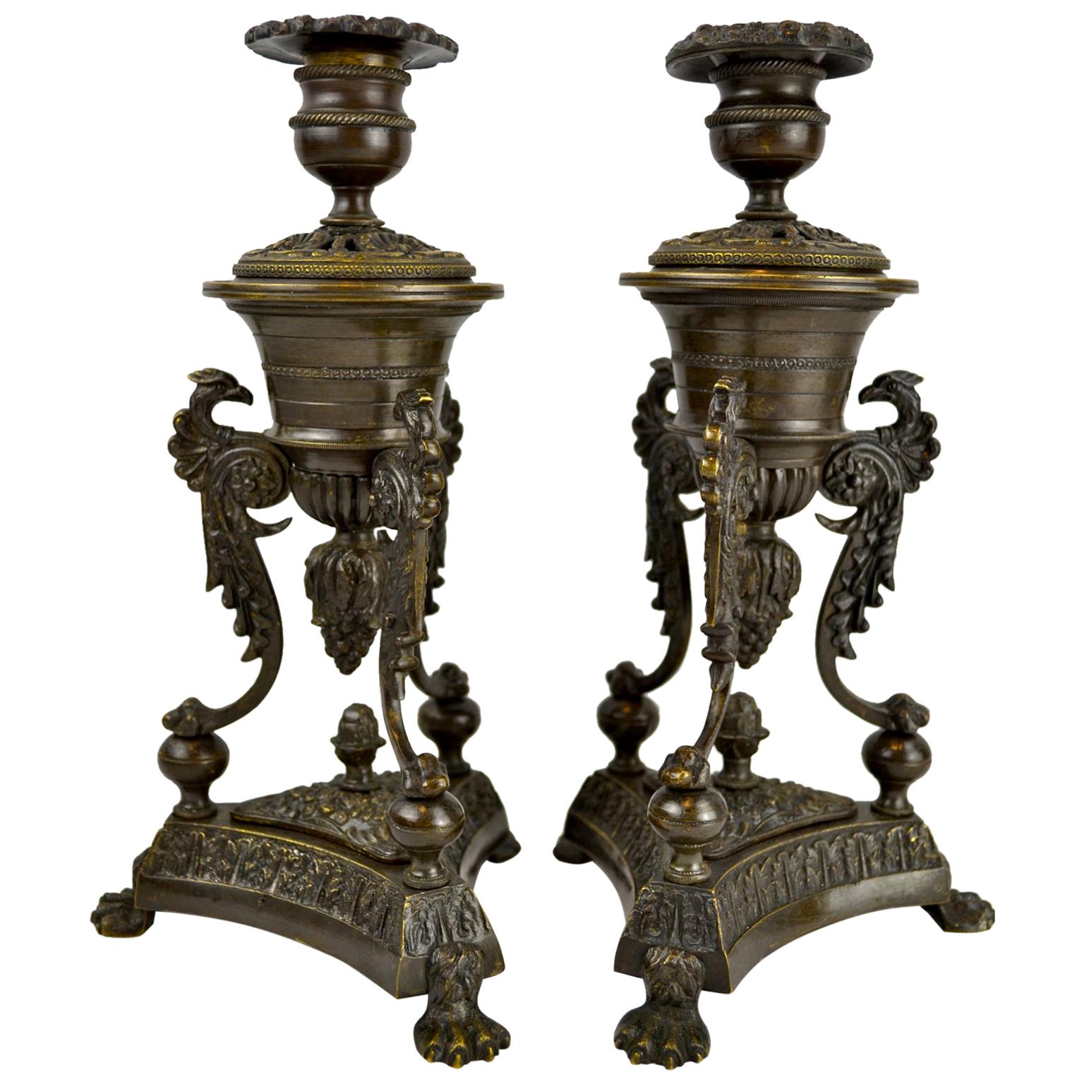 Pair of late English Regency Bronze Perfume Burners and Candlesticks