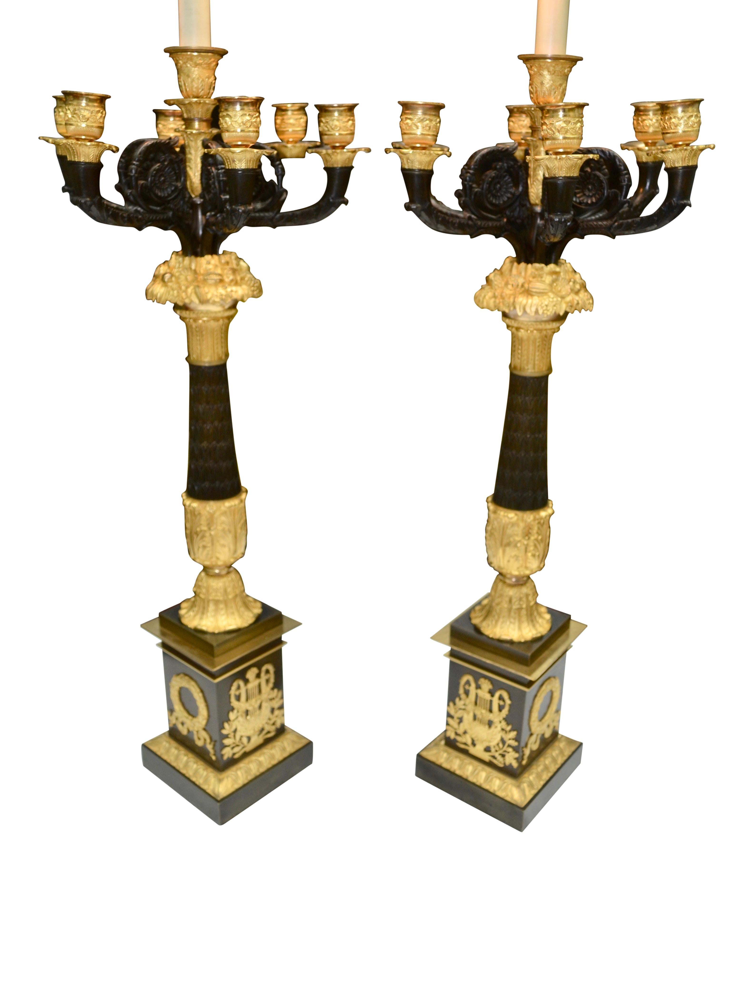 Restauration Pair of Late French Empire Candelabra/Lamps