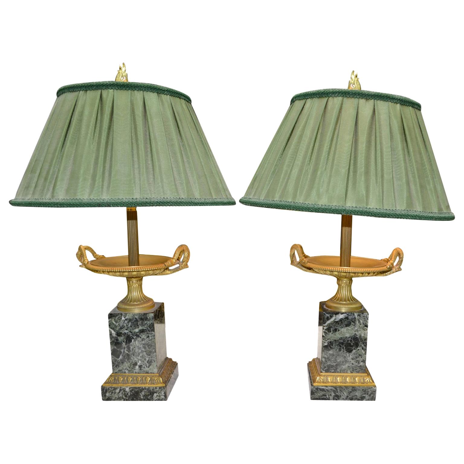 Pair of Late French Empire Marble and Bronze Tazzas Converted into Lamps