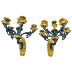 Antique Pair of Late French Empire Patinated and Gilded Sconces