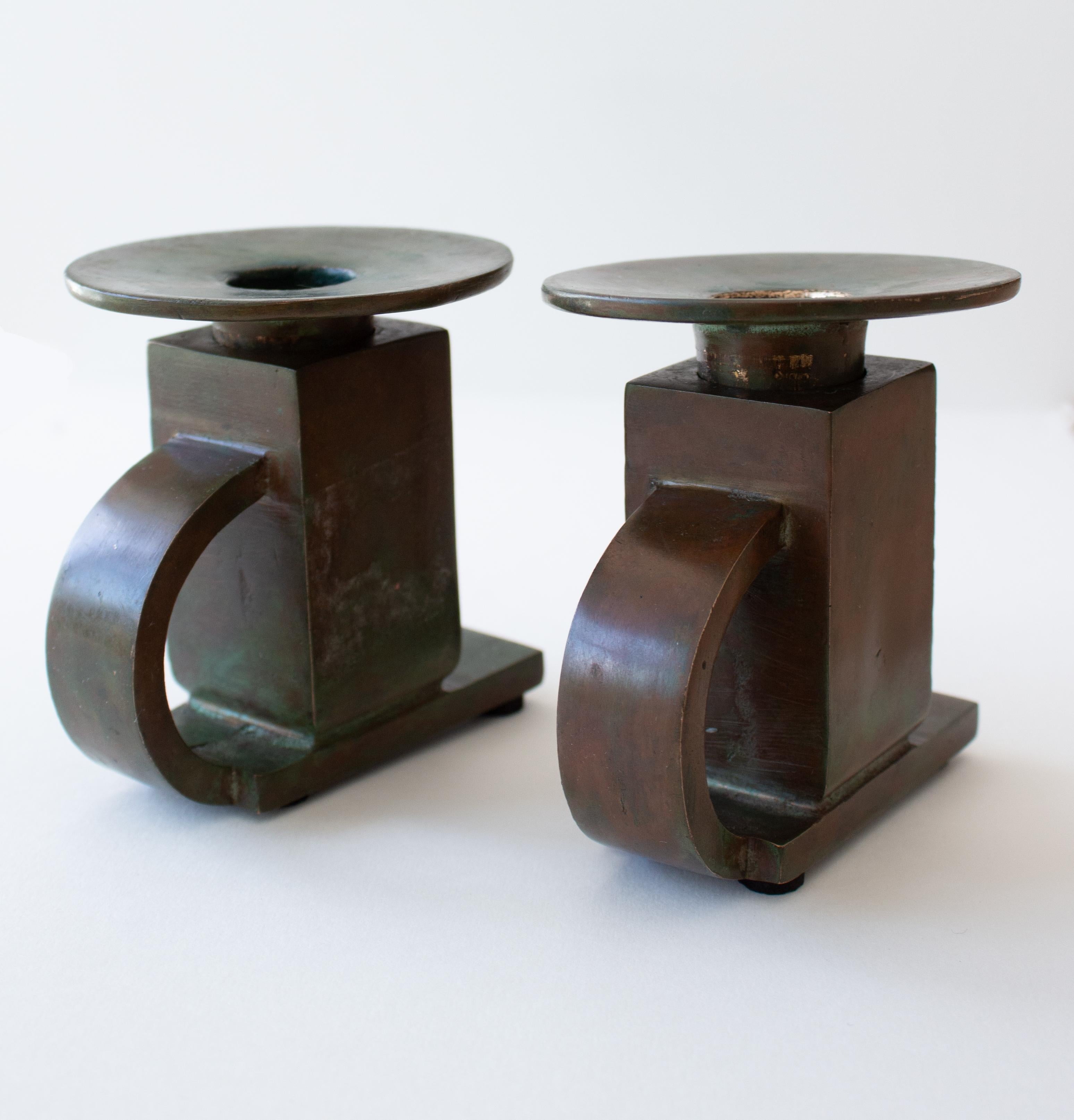 Art Deco Pair of Late Functionalist Bronze Candlesticks – Sune Bäckström, Model 9040 For Sale