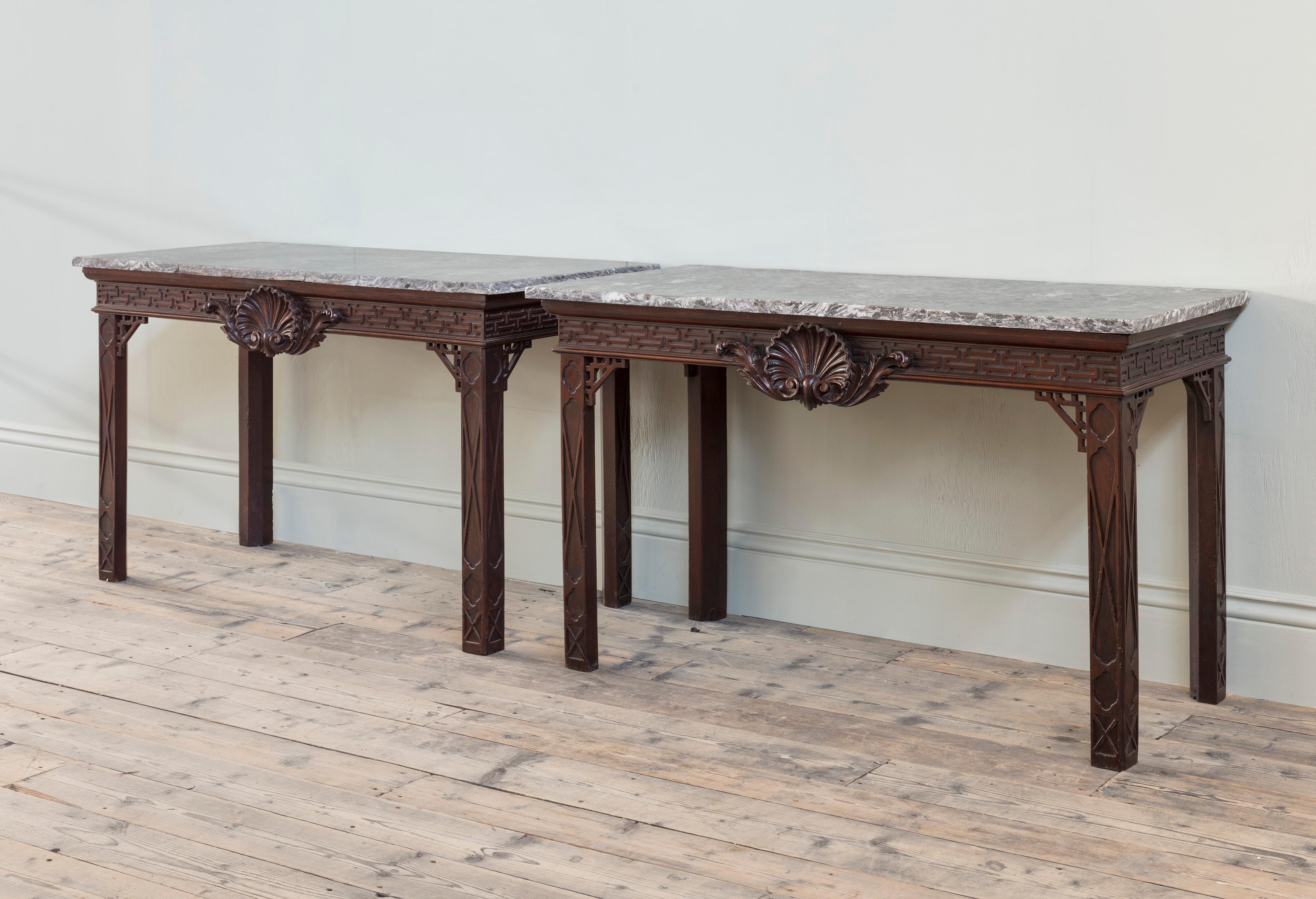 Carved Pair of Late George II Marble Topped Mahogany Side Tables