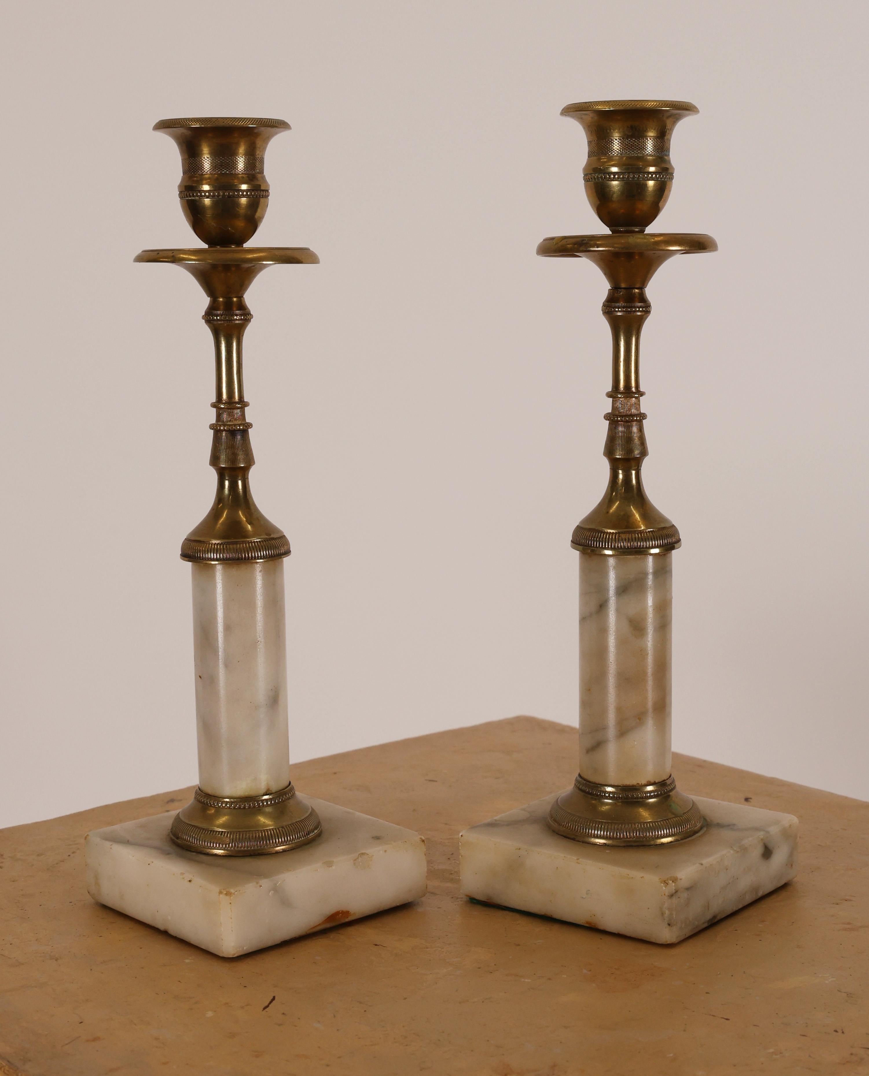 Gilt Pair of Late Gustavian Carrara Marble Candlesticks For Sale
