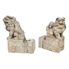 Antique Pair of Late Ming Dynasty Silk Road Carved Stone Guardian Lions