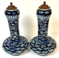 Pair of Late Qing Blue & White Porcelain Garlic-Neck Vases, Lion Mask Handles