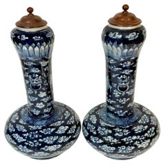 Pair of Late Qing Blue & White Porcelain Garlic-Neck Vases, Lion Mask Handles