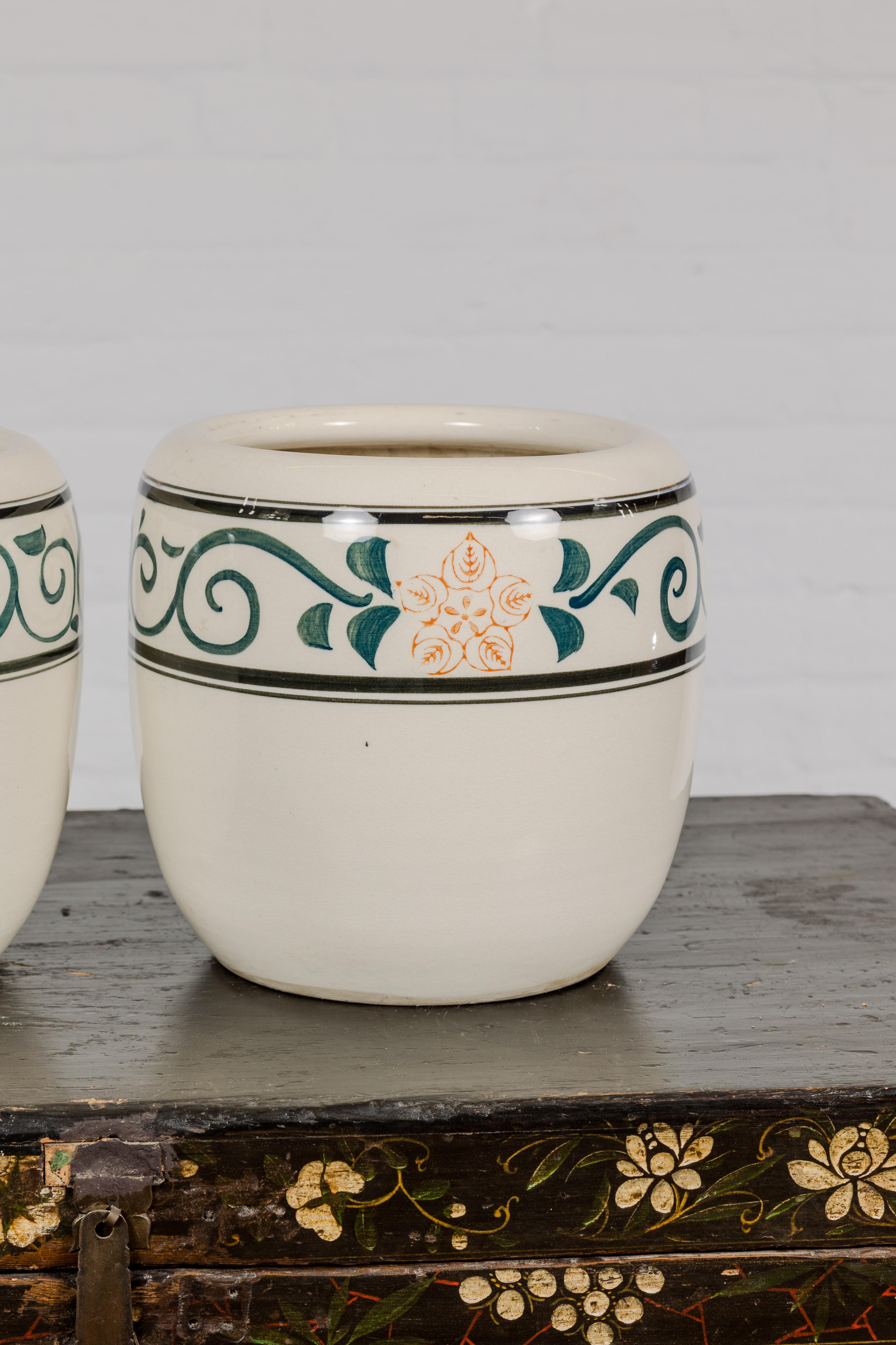 20th Century Pair of Late Qing Dynasty Ceramic Planters with Green Floral Décor For Sale