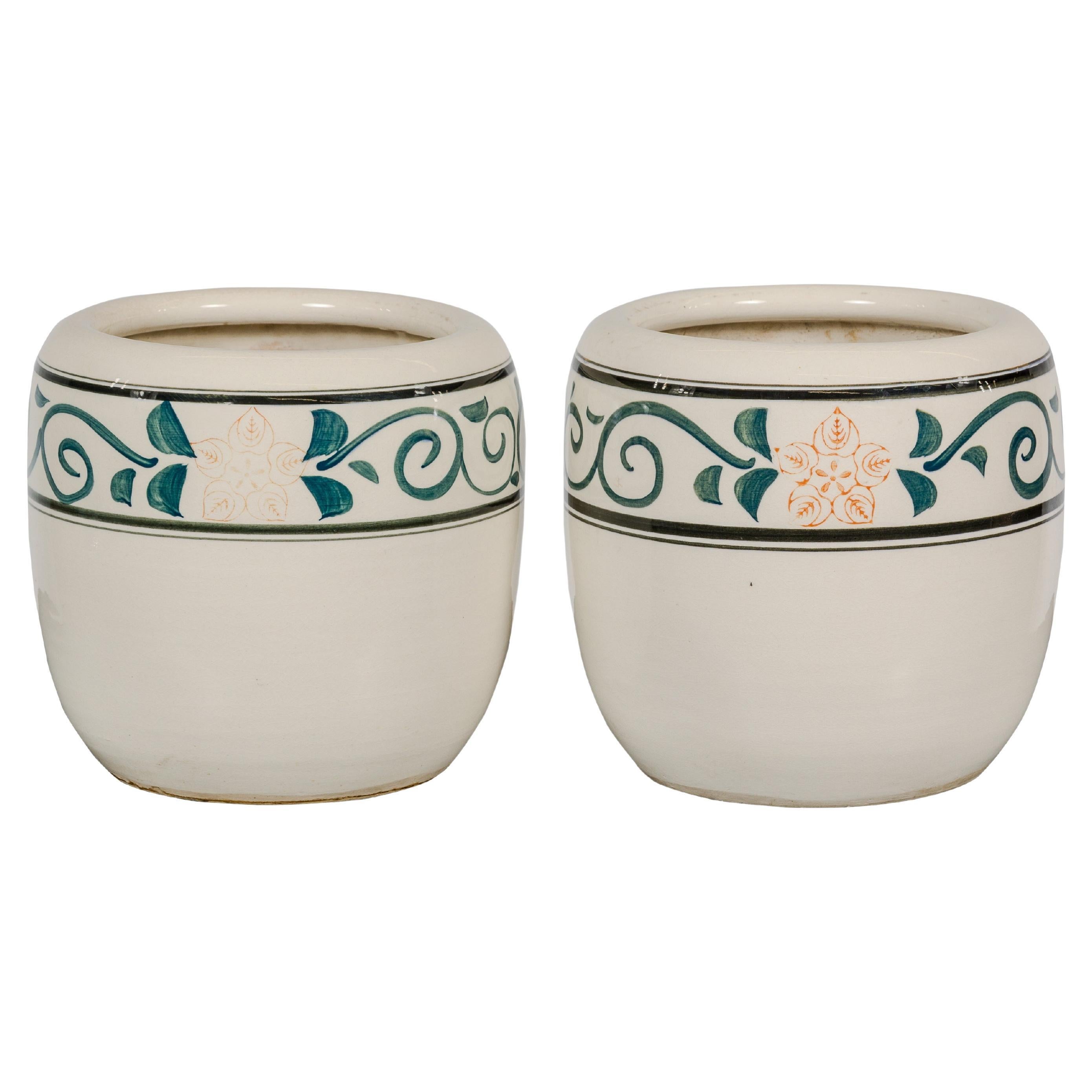 Pair of Late Qing Dynasty Ceramic Planters with Green Floral Décor