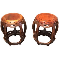 Antique Pair of Late Qing Dynasty Chinese Hongmu Rosewood Drum Stools, circa 1900