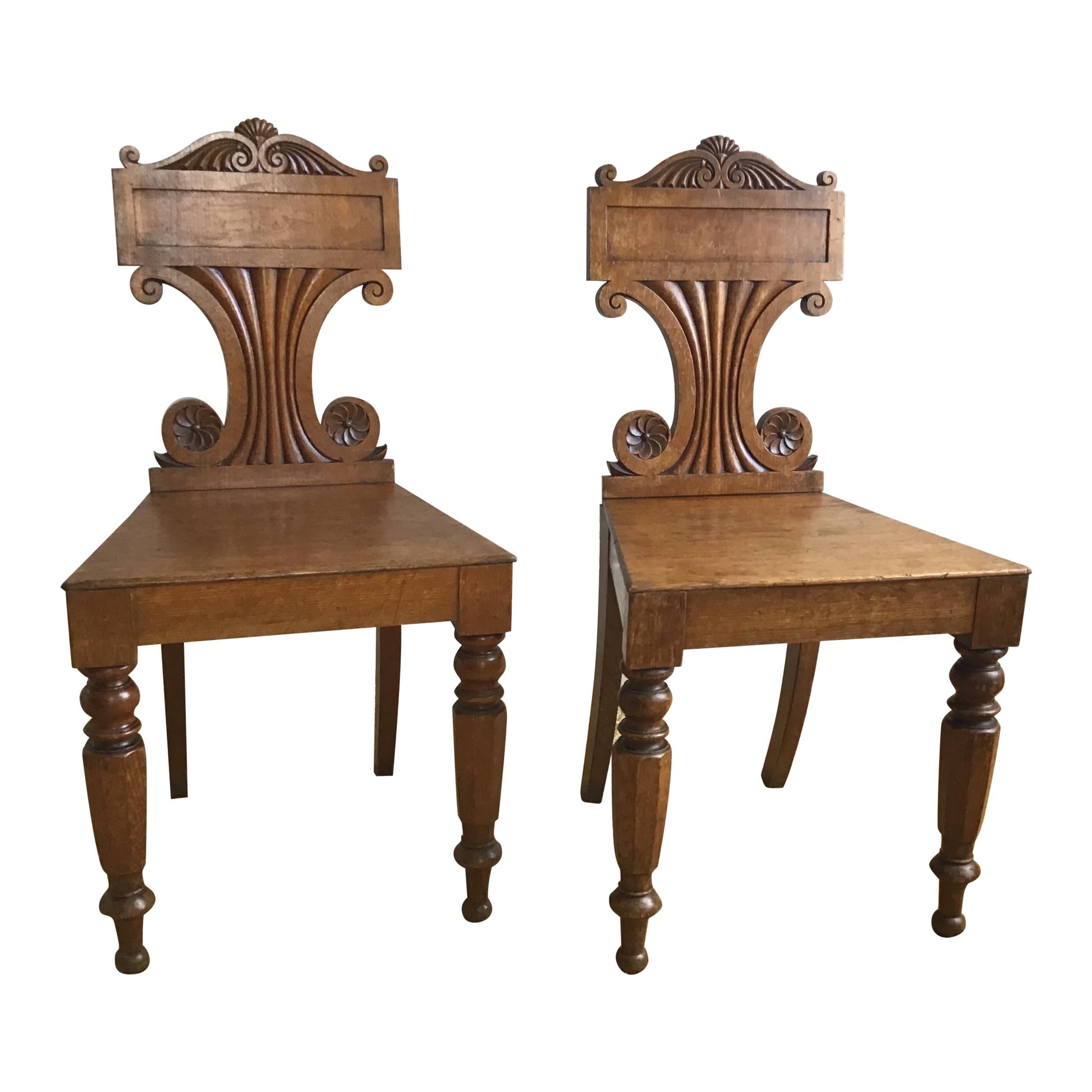 Pair of Late Regency Oak Hall Chairs For Sale