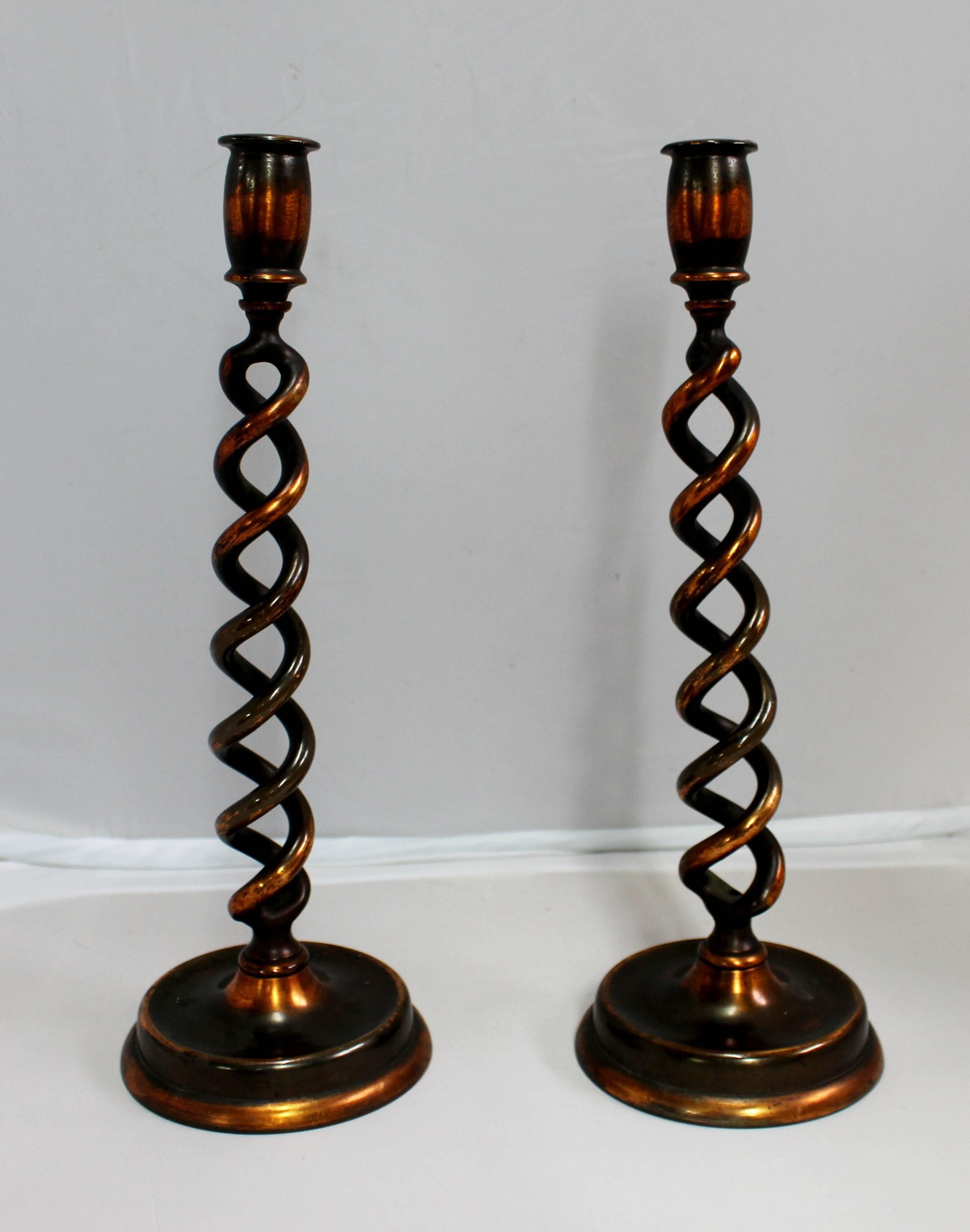 Period Late Victorian 
Composition bronzed copper finish on solid brass
Measure: Height 35.5 cm / 14 in
Condition good quality, quite heavy




Pair of late Victorian Barley twist candle sticks for the bargain price of £195.00.



 

 