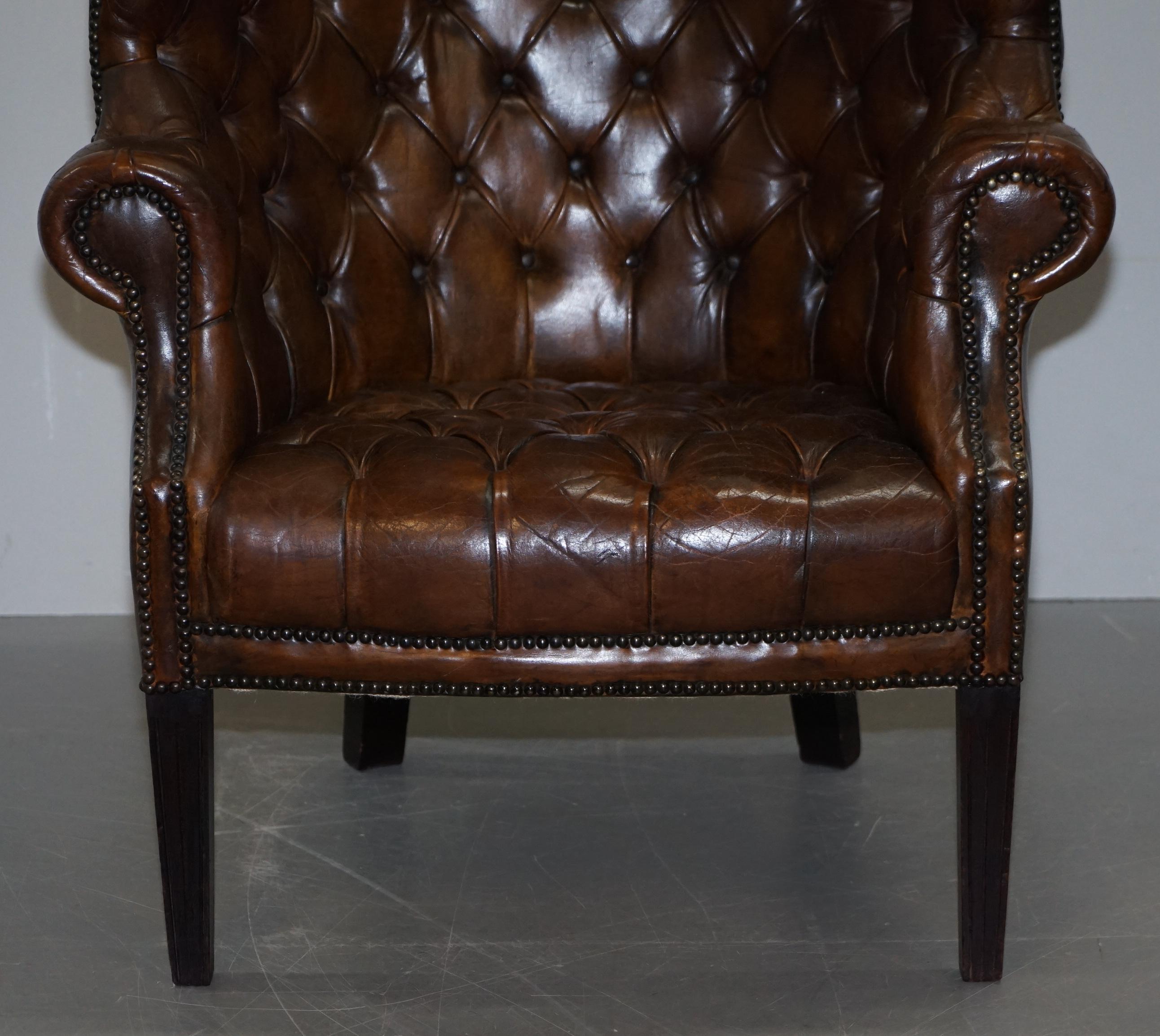 Pair of Late Victorian Chesterfield Porters Wingback Armchairs Brown Leather 5
