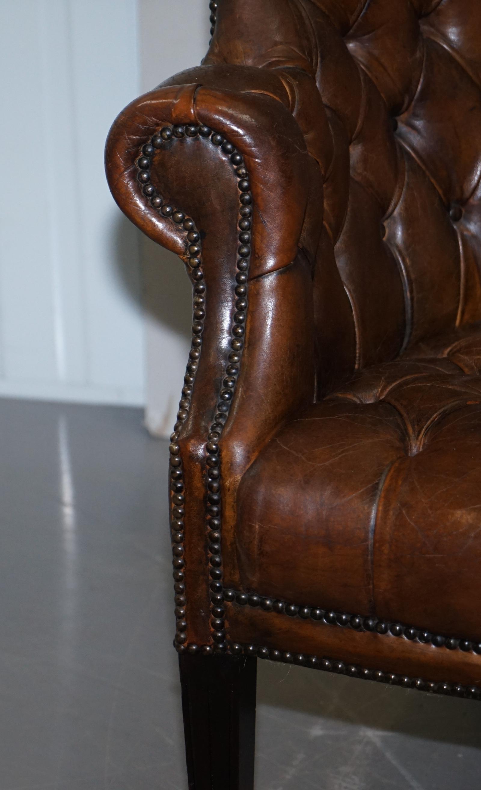 Pair of Late Victorian Chesterfield Porters Wingback Armchairs Brown Leather 6