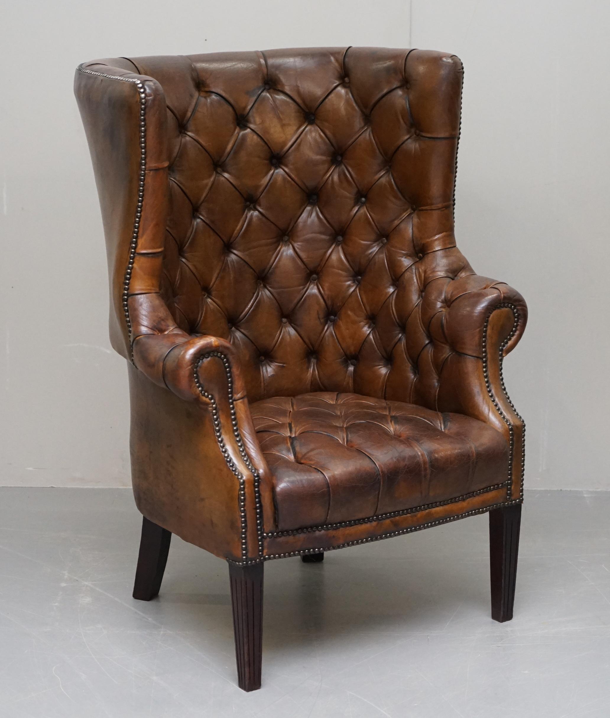 Pair of Late Victorian Chesterfield Porters Wingback Armchairs Brown Leather 10