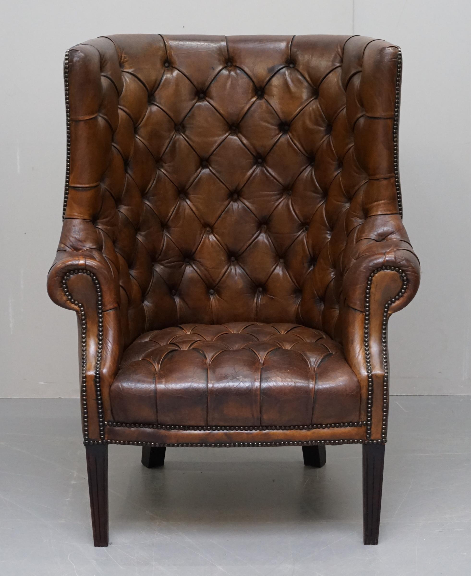 Pair of Late Victorian Chesterfield Porters Wingback Armchairs Brown Leather 11