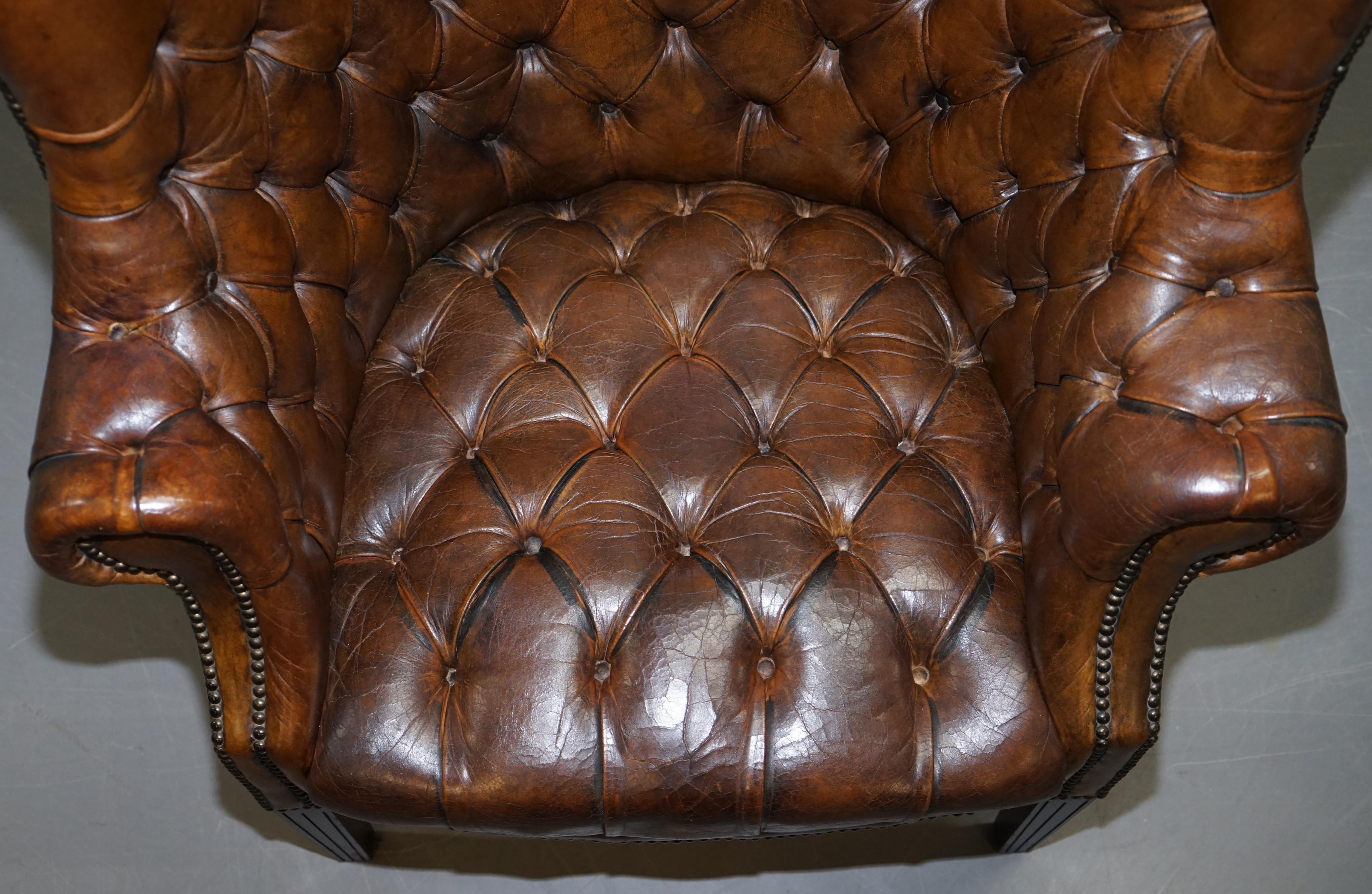 Pair of Late Victorian Chesterfield Porters Wingback Armchairs Brown Leather 12