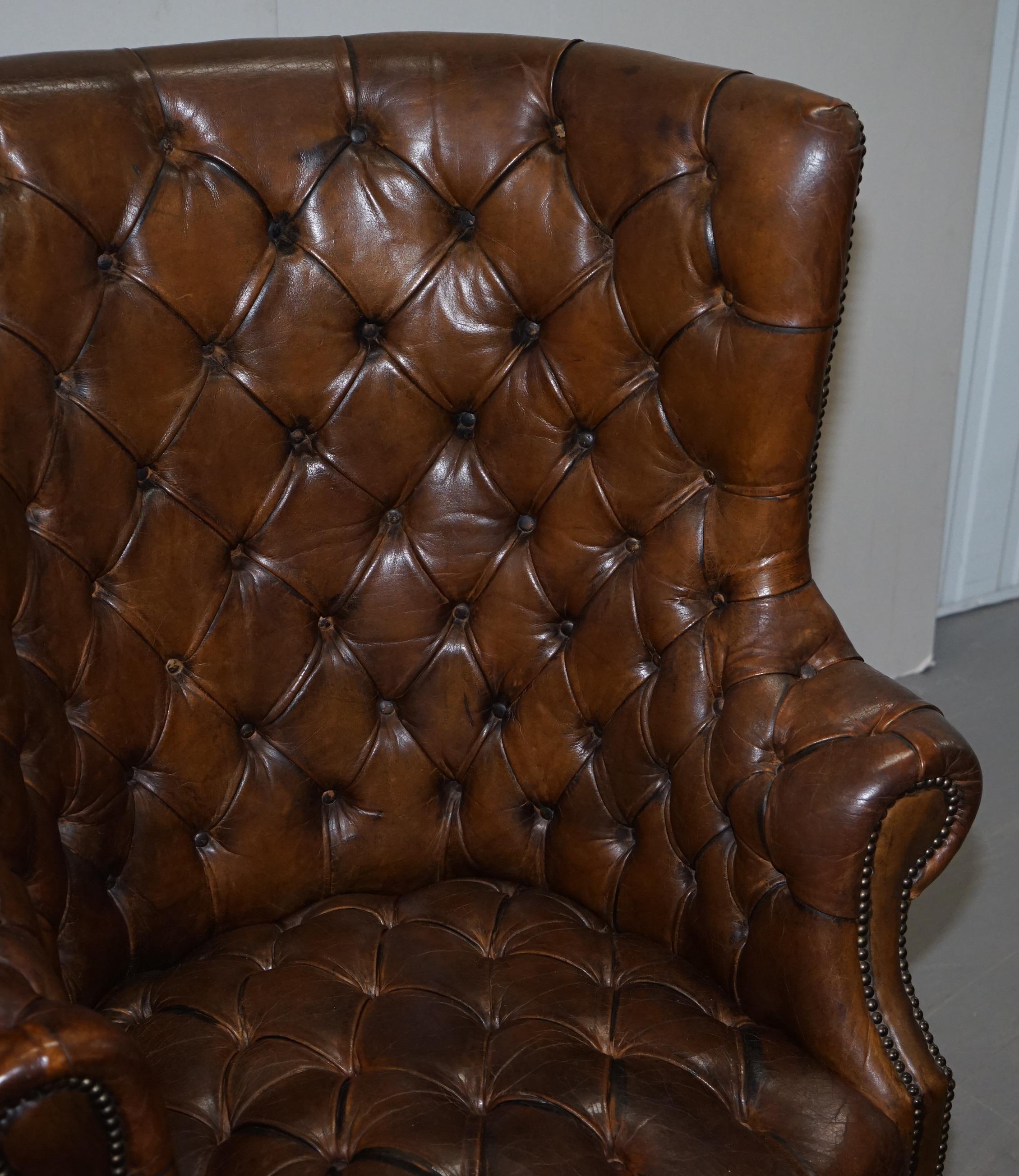 Pair of Late Victorian Chesterfield Porters Wingback Armchairs Brown Leather 13