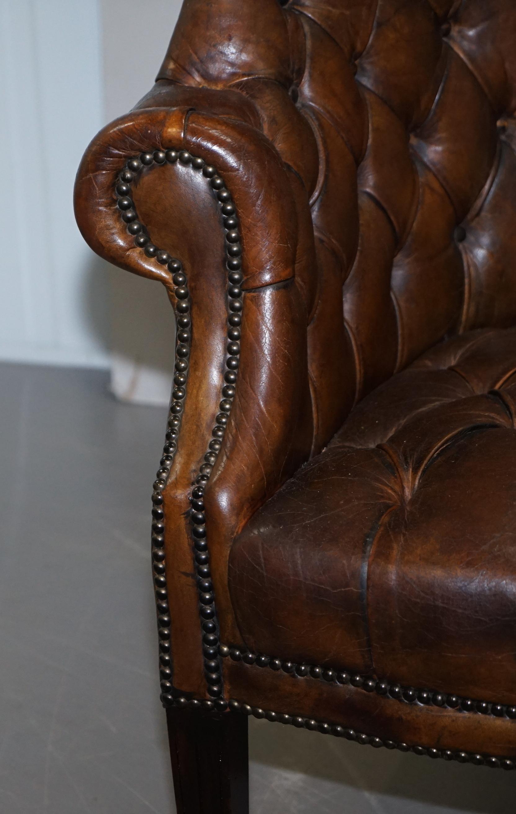 Pair of Late Victorian Chesterfield Porters Wingback Armchairs Brown Leather 14