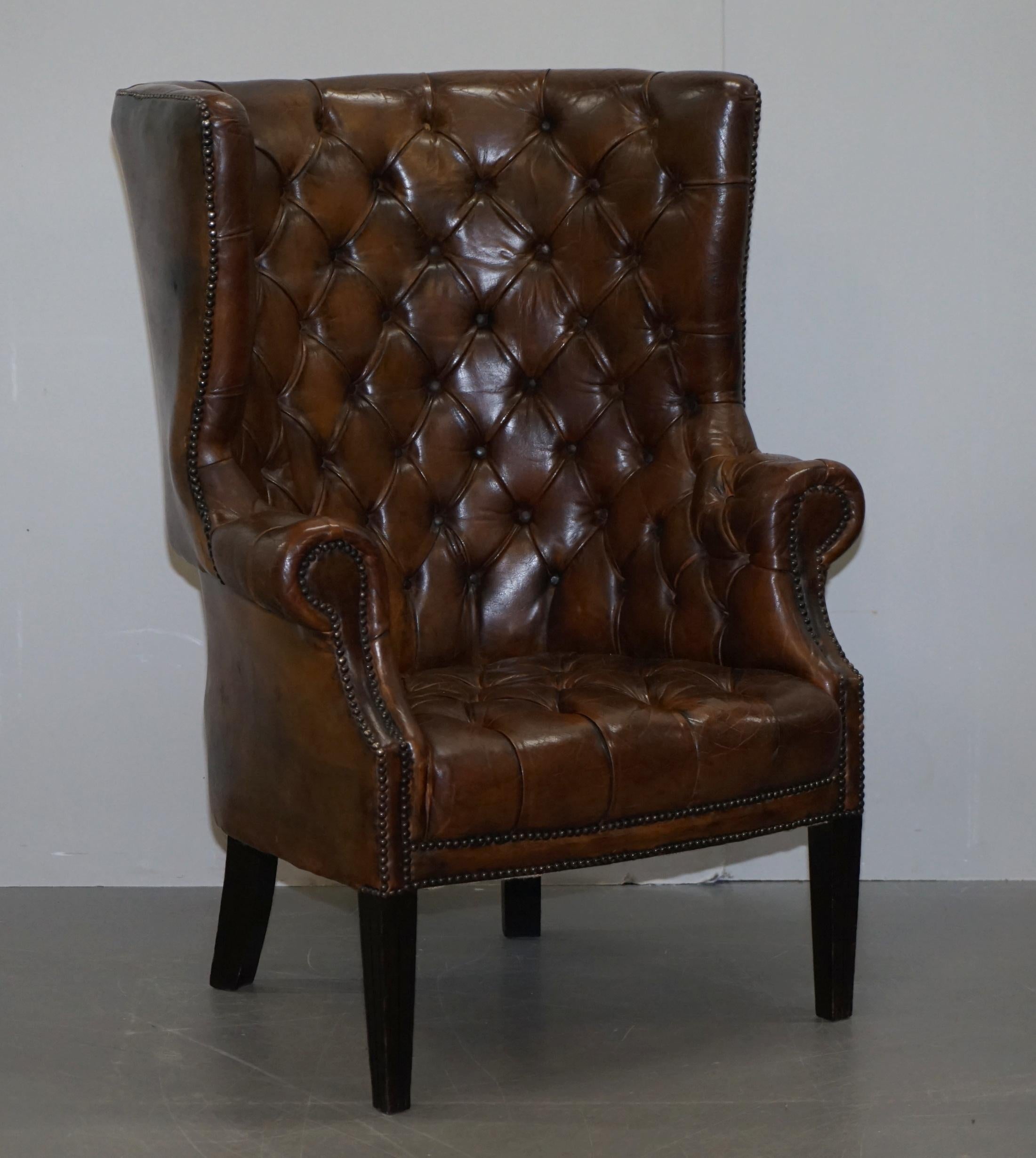 We are delighted to offer for sale this stunning pair of lovely late Victorian Porters barrel back armchairs in cigar brown leather 

These chairs are a real tour de force, they have absolutely everything going for them, the leather hide is