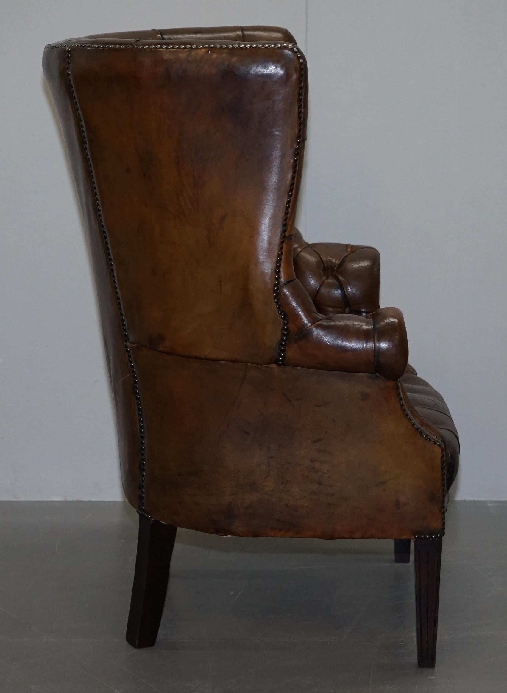 Pair of Late Victorian Chesterfield Porters Wingback Armchairs Brown Leather 15