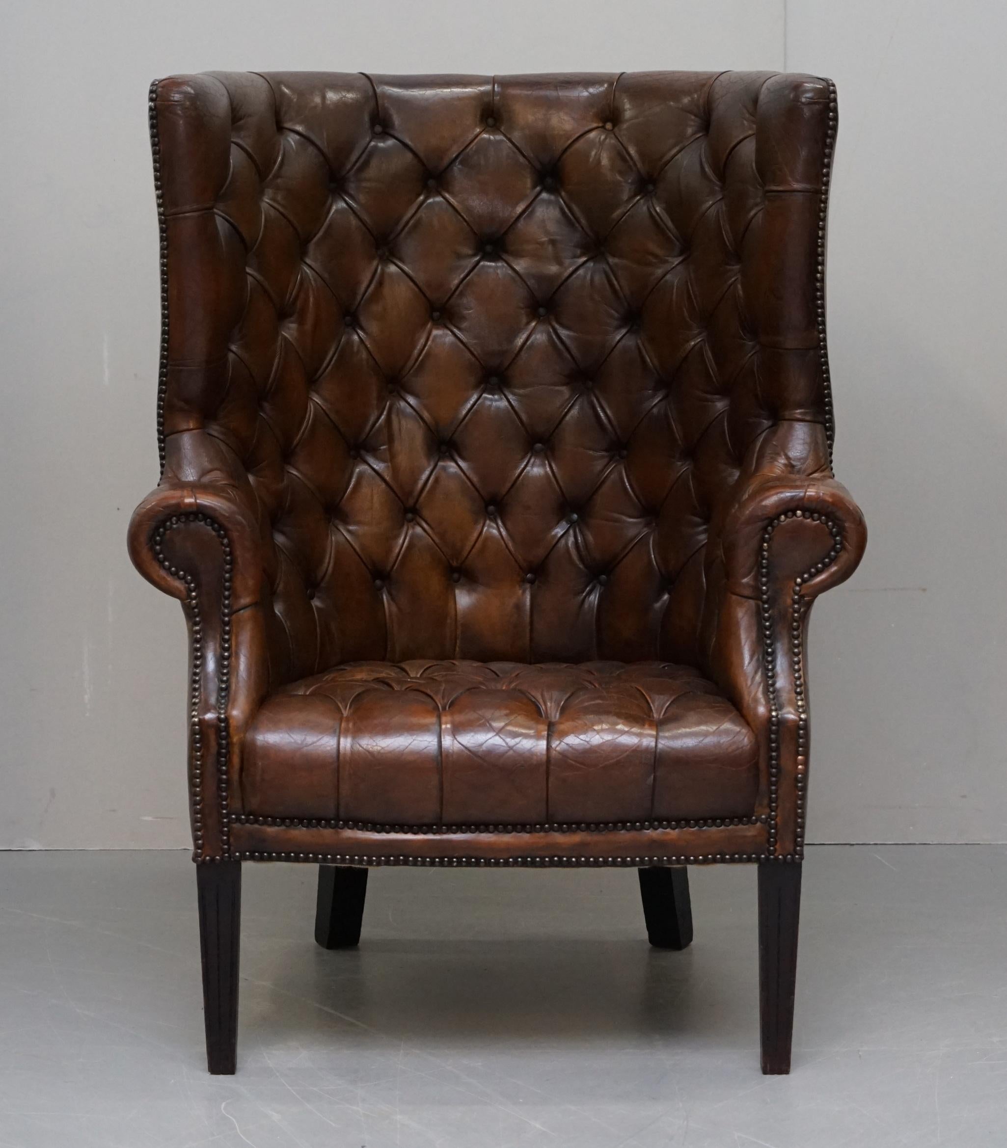 English Pair of Late Victorian Chesterfield Porters Wingback Armchairs Brown Leather