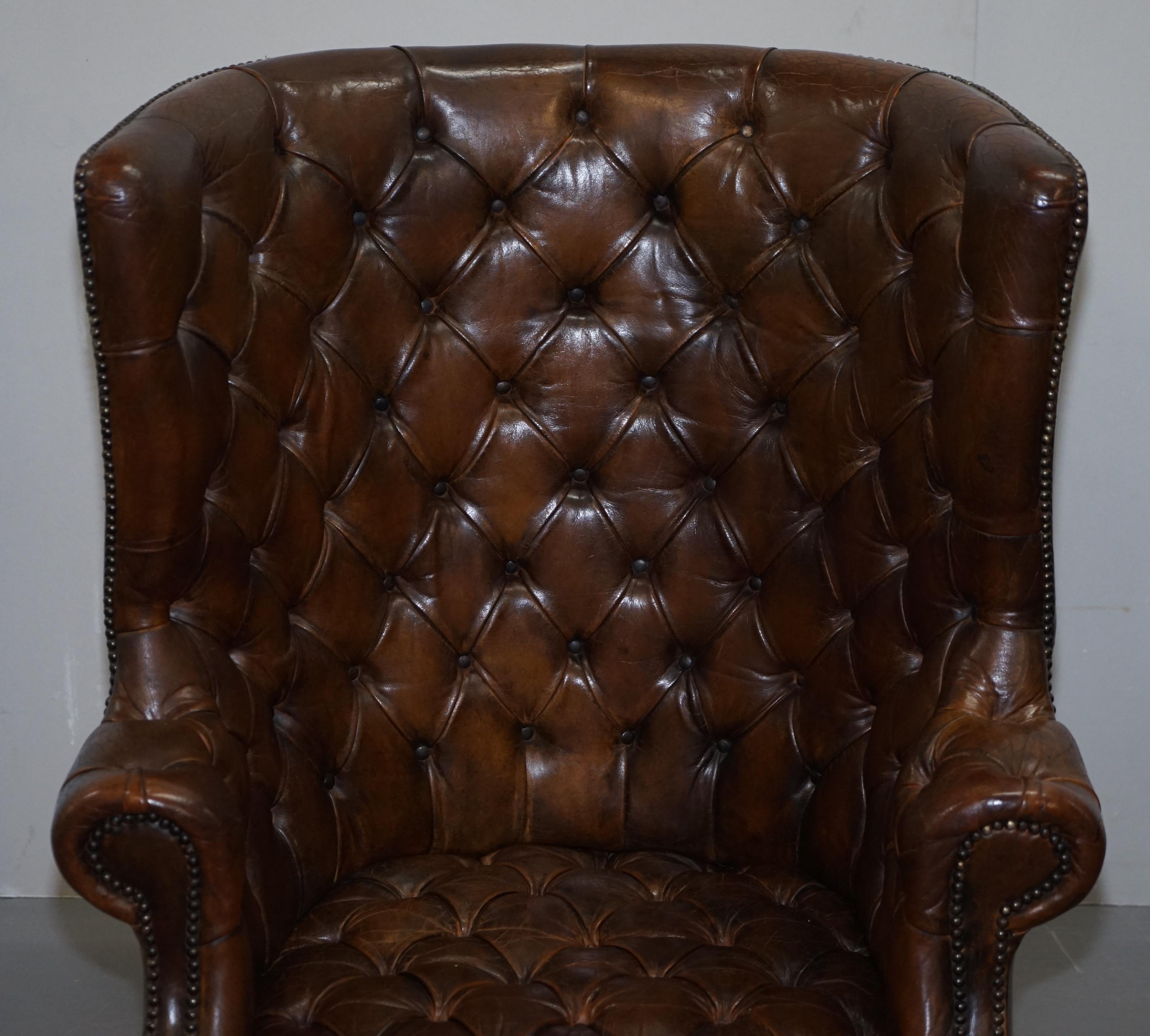 Hand-Crafted Pair of Late Victorian Chesterfield Porters Wingback Armchairs Brown Leather