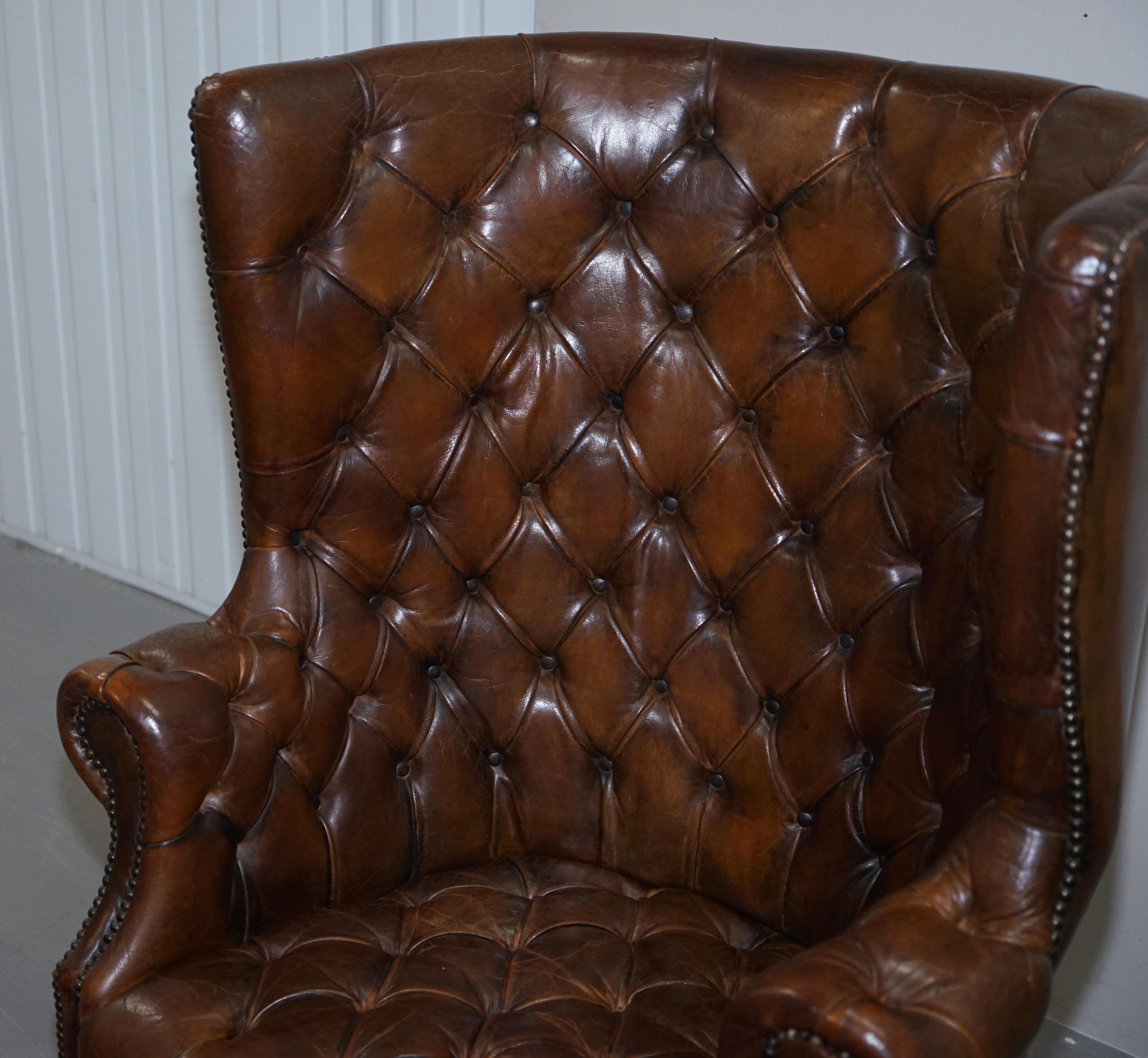 19th Century Pair of Late Victorian Chesterfield Porters Wingback Armchairs Brown Leather