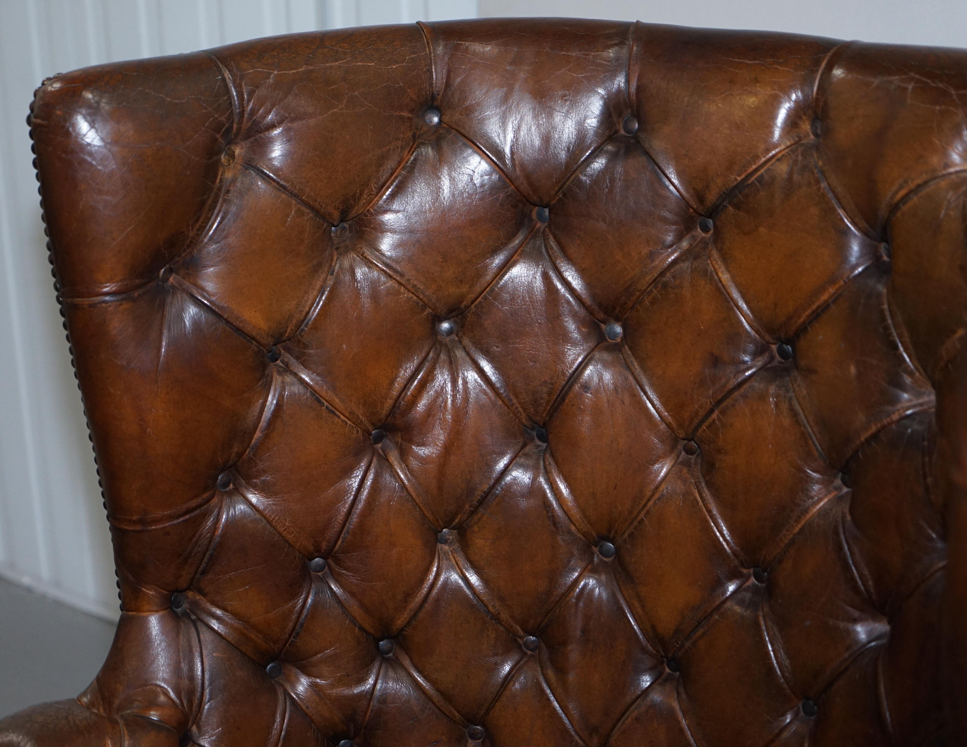 Pair of Late Victorian Chesterfield Porters Wingback Armchairs Brown Leather 1