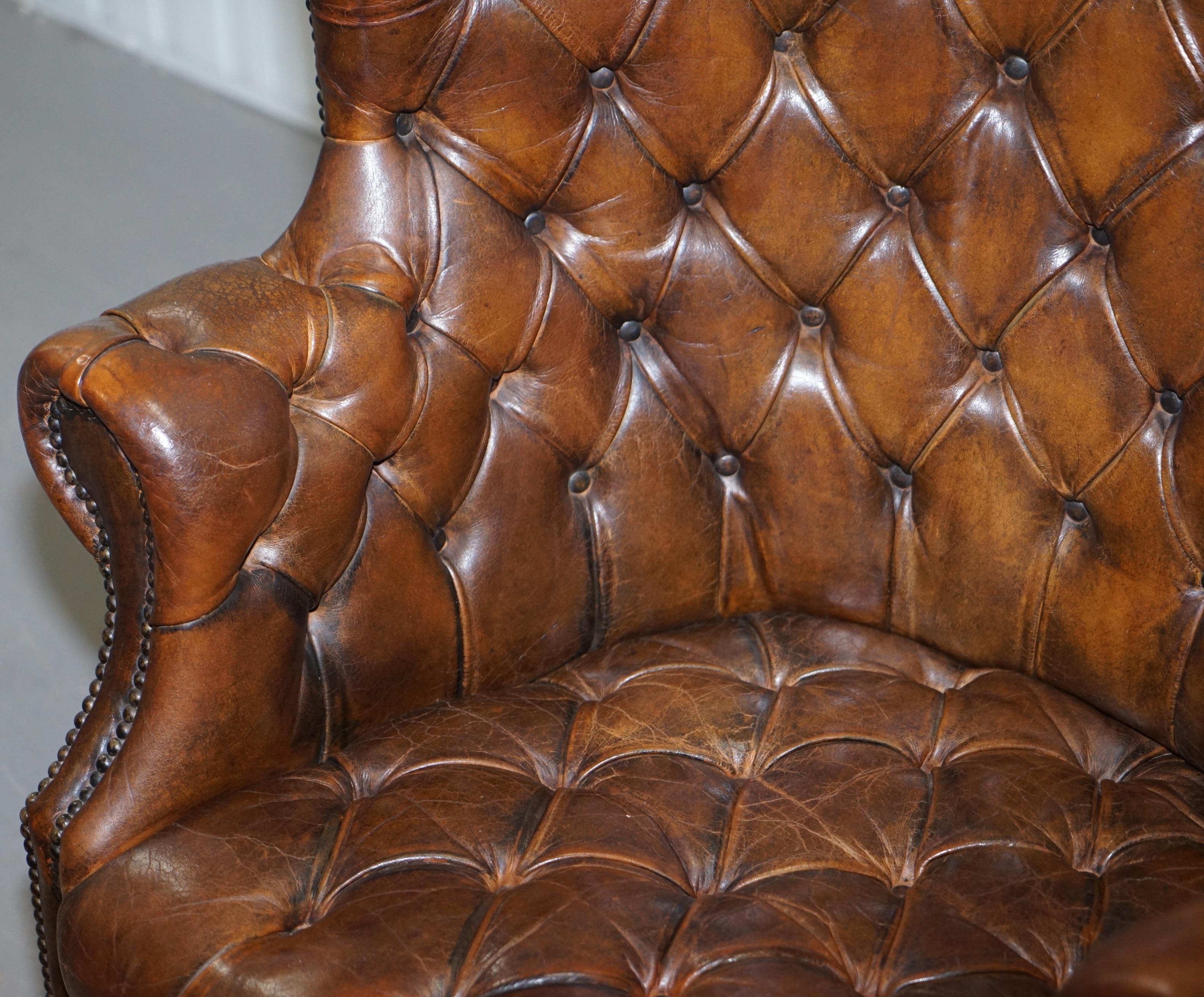 Pair of Late Victorian Chesterfield Porters Wingback Armchairs Brown Leather 2