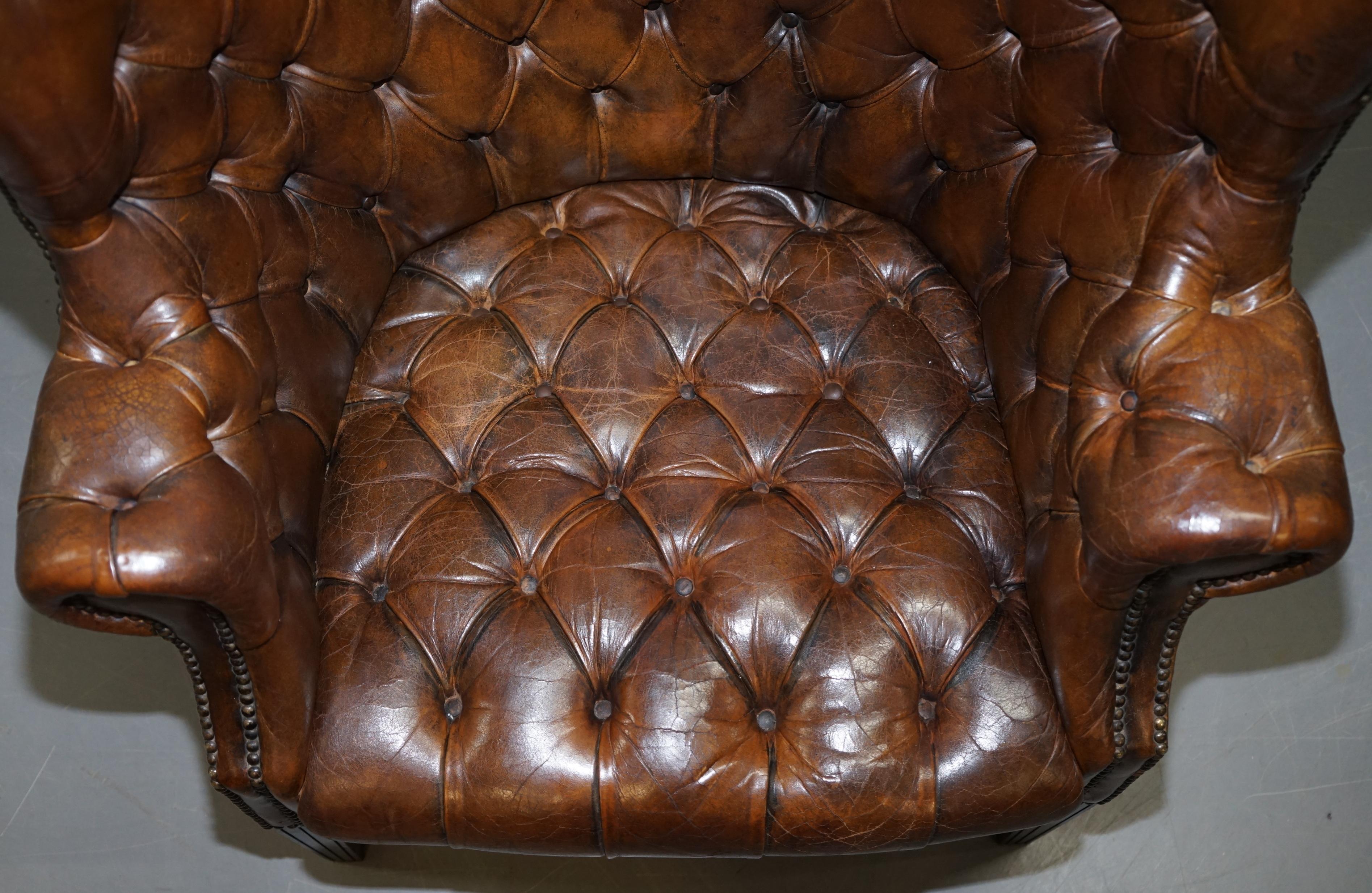Pair of Late Victorian Chesterfield Porters Wingback Armchairs Brown Leather 3