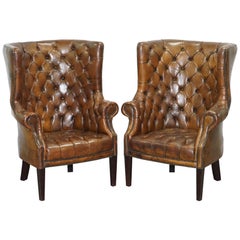 Antique Pair of Late Victorian Chesterfield Porters Wingback Armchairs Brown Leather