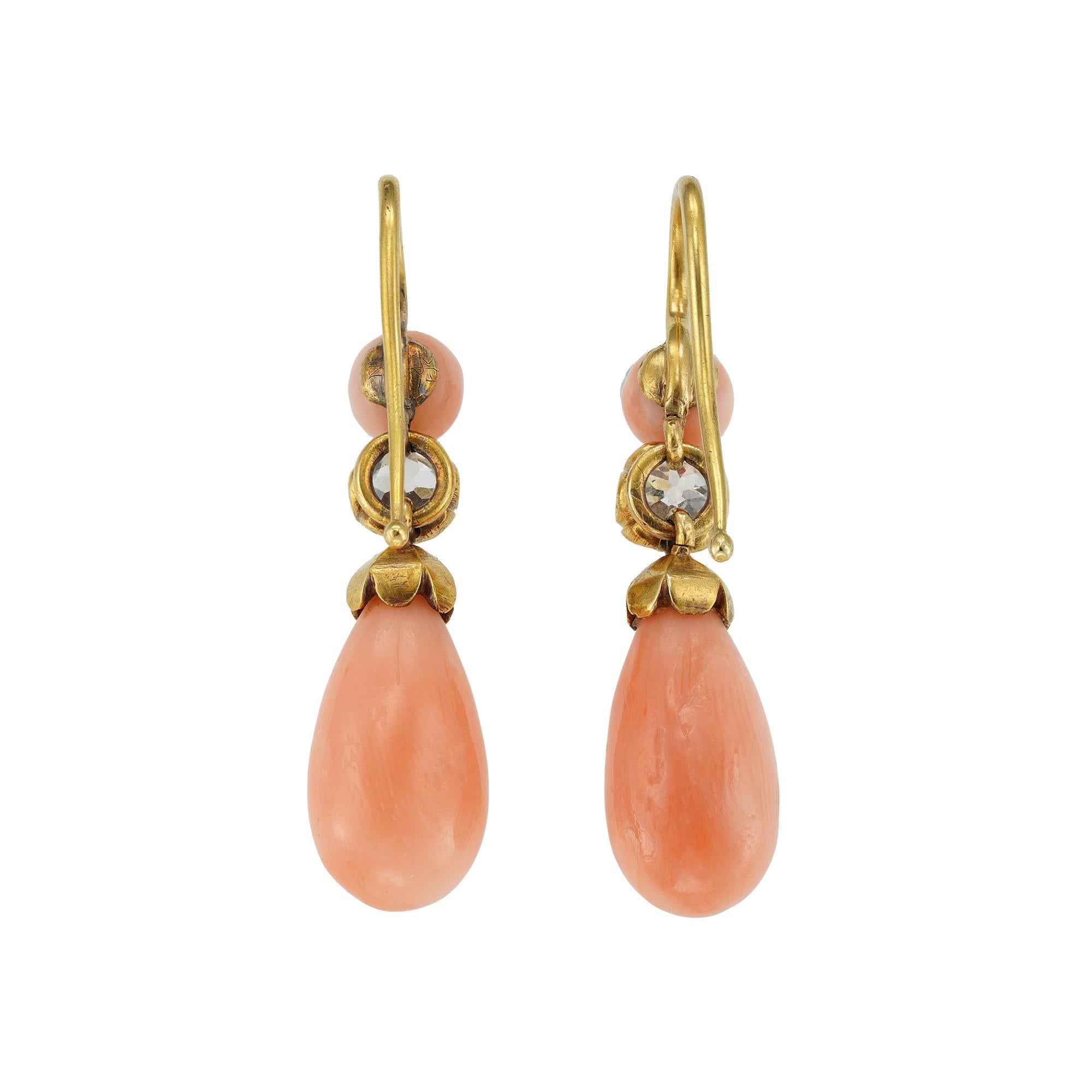 Old European Cut Pair of Late Victorian Coral and Diamond Drop Earrings