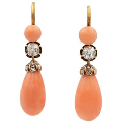 Pair of Late Victorian Coral and Diamond Drop Earrings