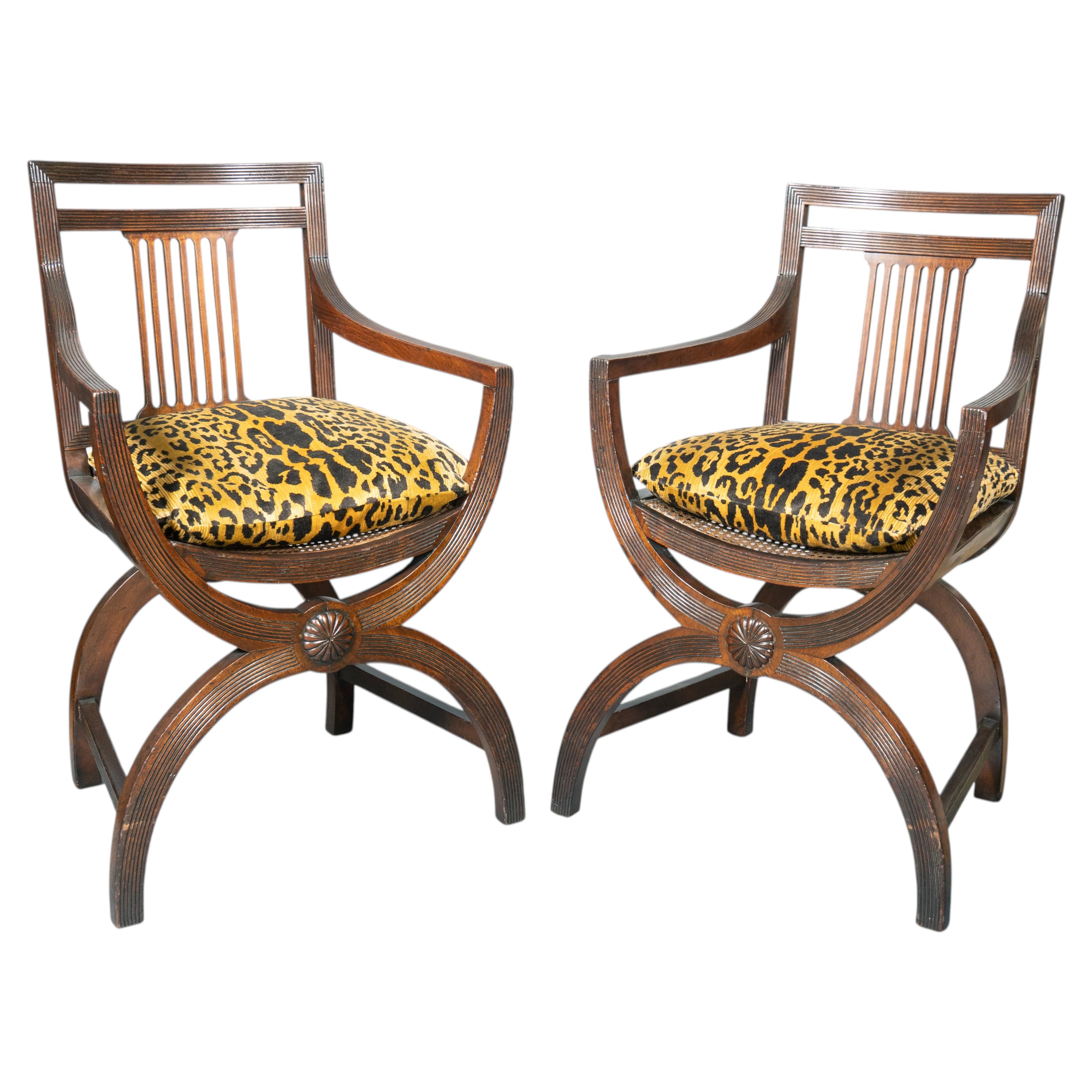 Pair Of Late Victorian Curule Form Mahogany Armchairs For Sale