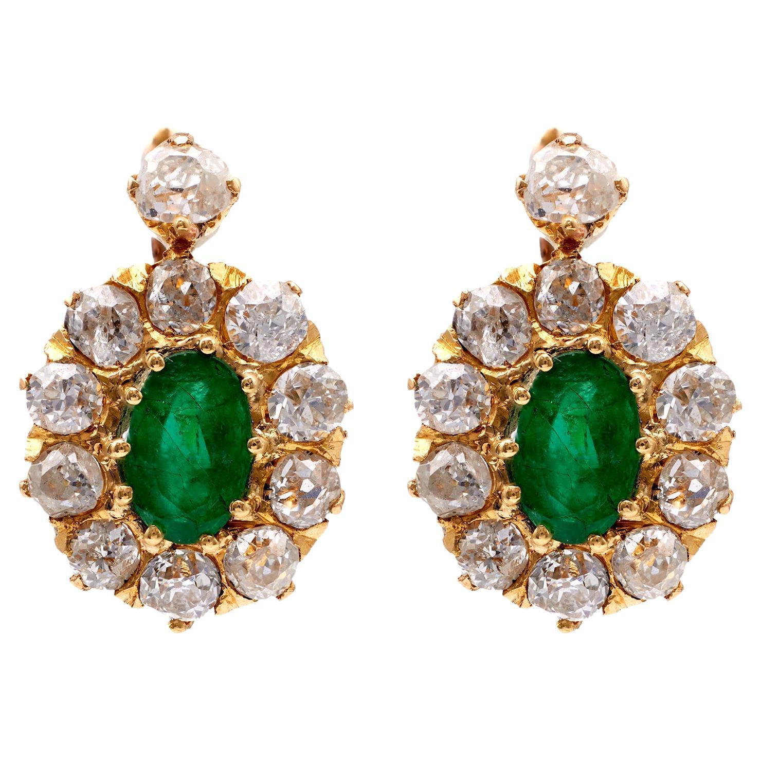 Pair of Late Victorian Emerald Diamond 18k Yellow Gold Cluster Earrings