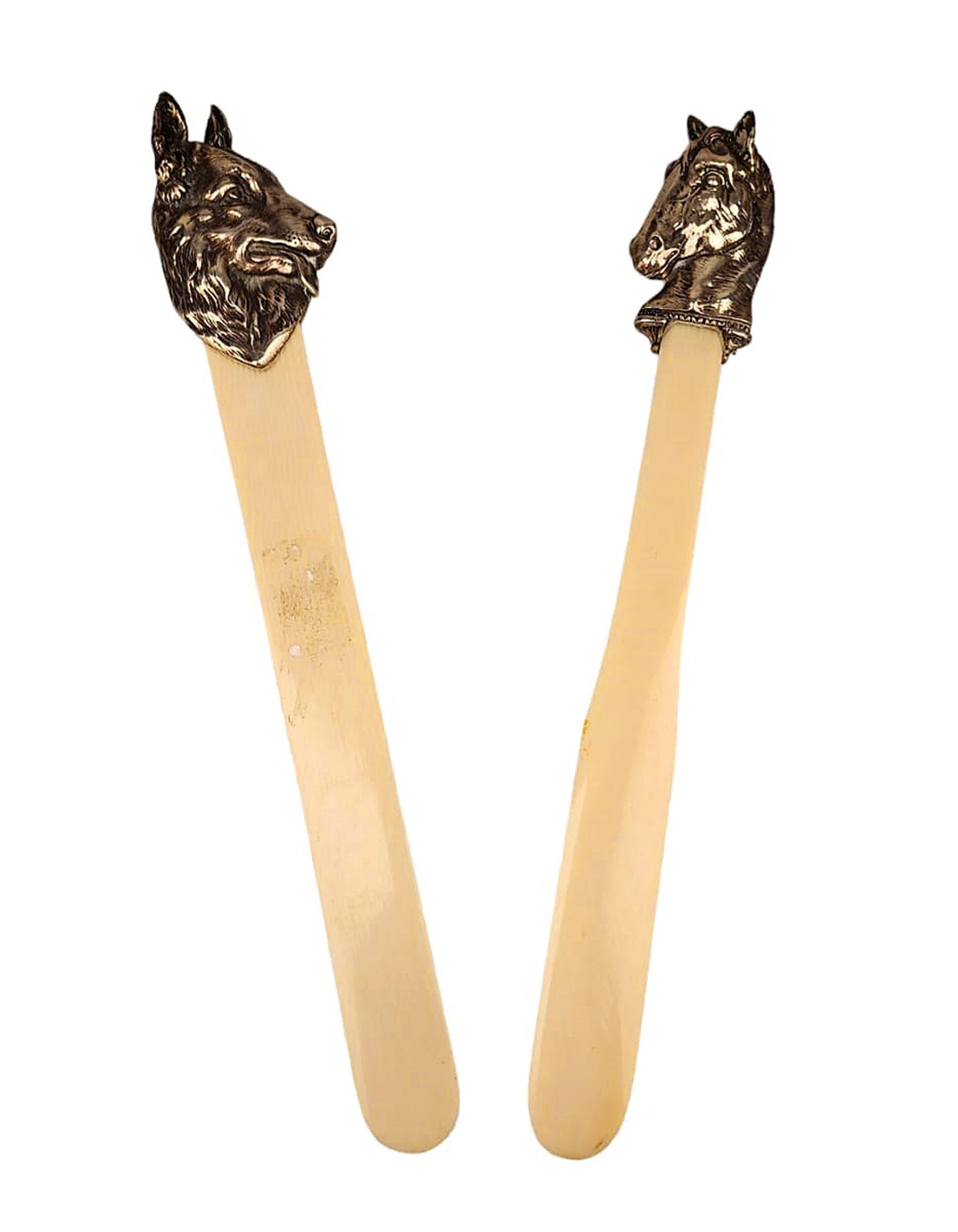 Pair of Late Victorian english ivory letter openers/bone folders with sterling silver horse and dog/wolf handles

By: unknown
Material: bone, silver, metal, sterling silver, ivory
Technique: molded, cast, metalwork, hand-crafted, carved,