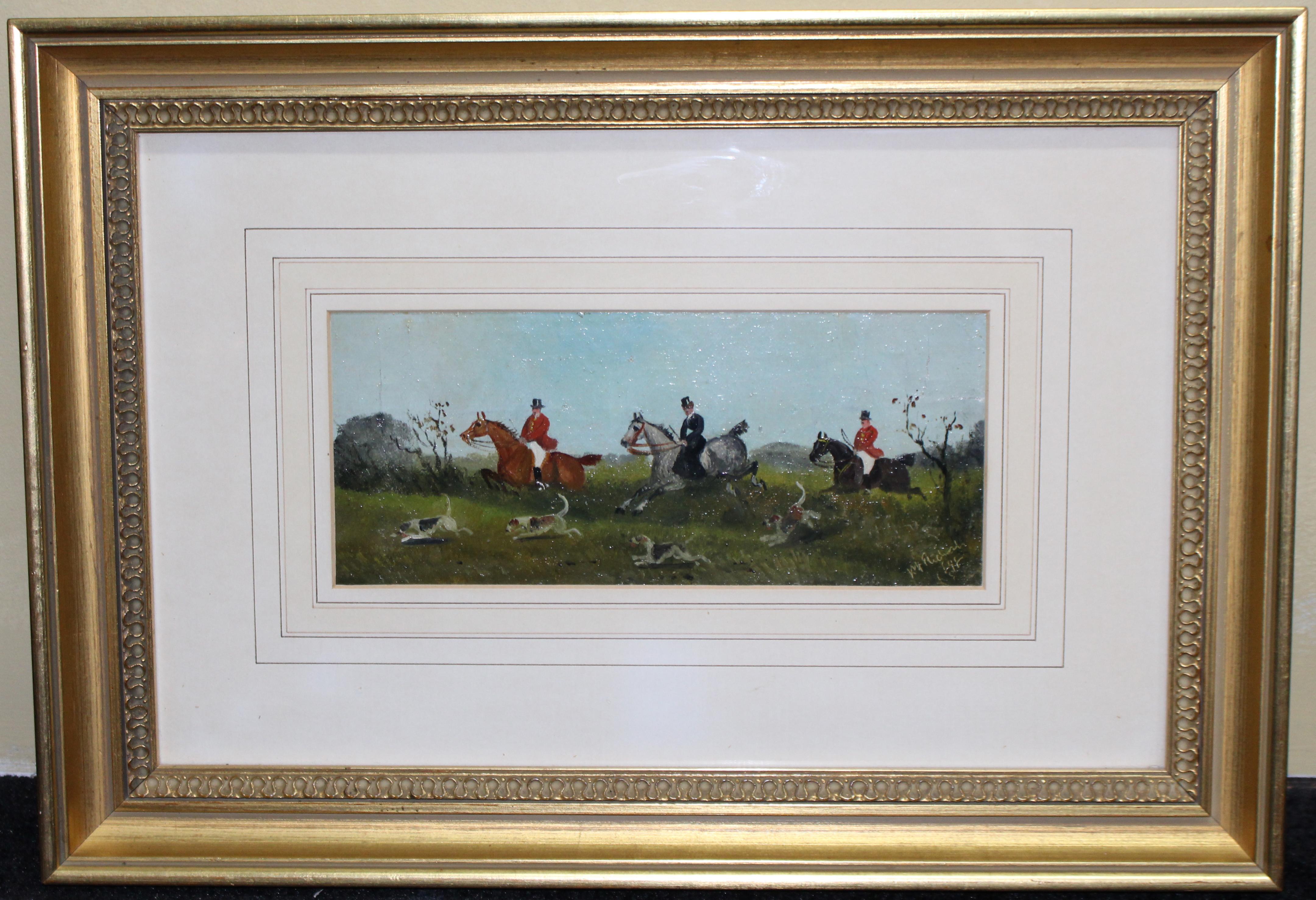 Period late 19th century
Medium oil on canvas mounted on board
Frame 46 x 32 cm / 18 x 12 1/2 in
Subject fox hunting
Signed to the bottom right of each painting
Frame mounted and set behind glass in gilt frame
Condition very good condition