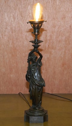 Pair of Late Victorian French Solid Bronze Table Lamps of Art Nouveau Maidens