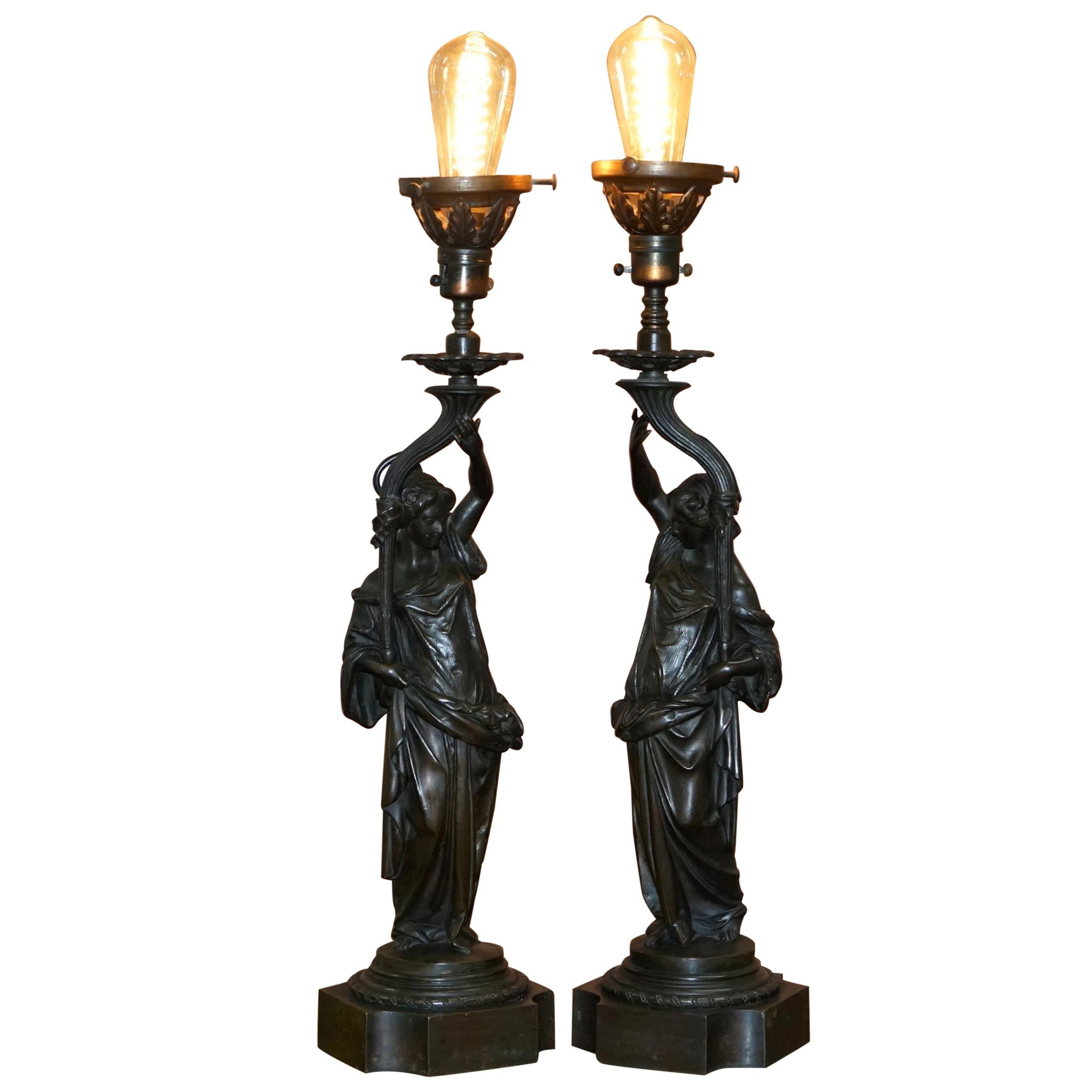 Pair of Late Victorian French Solid Bronze Table Lamps of Art Nouveau Maidens