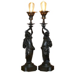 Pair of Late Victorian French Solid Bronze Table Lamps of Art Nouveau Maidens