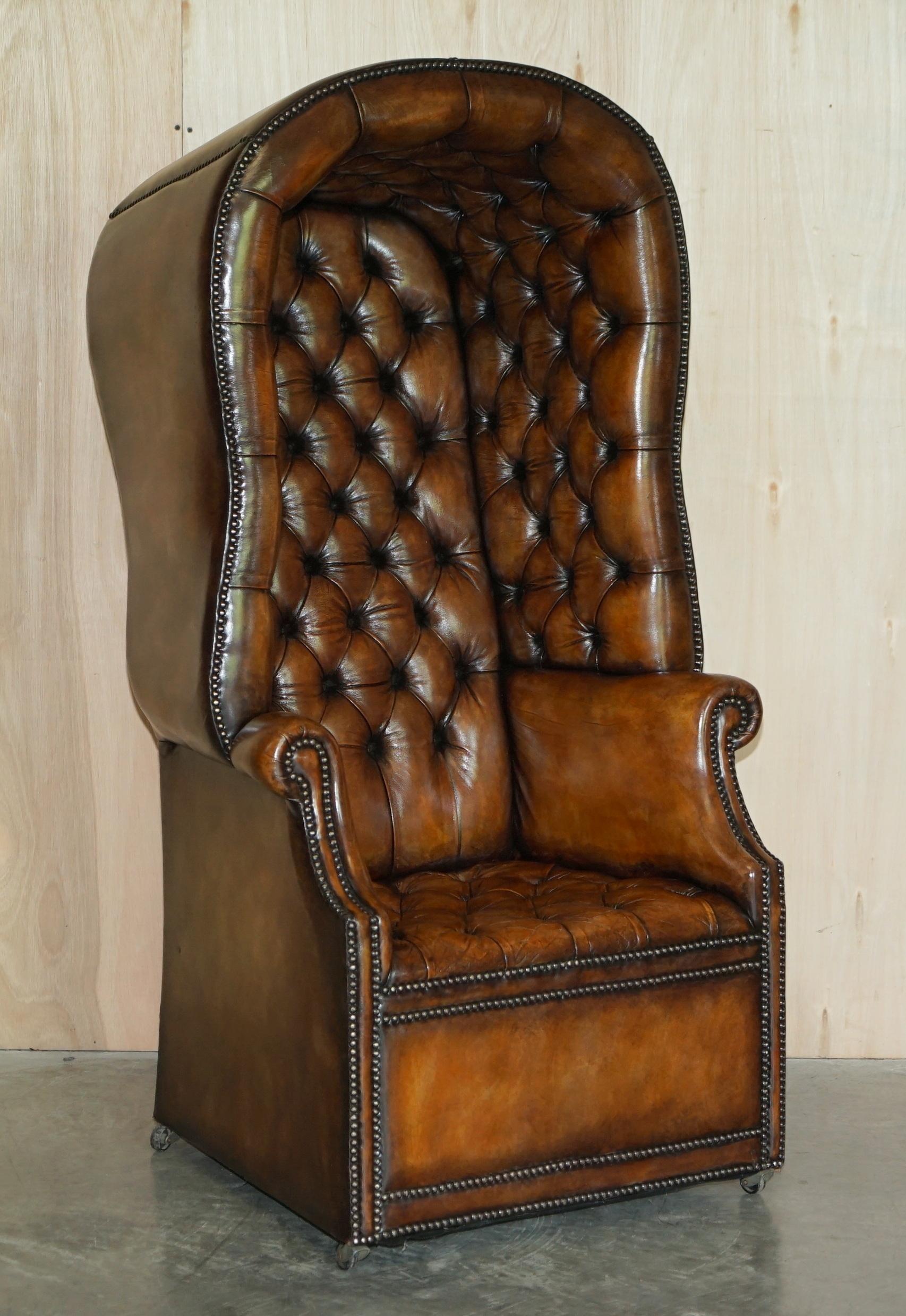 Pair of Late Victorian Hand Dyed Brown Leather Chesterfield Porters Armchairs For Sale 9